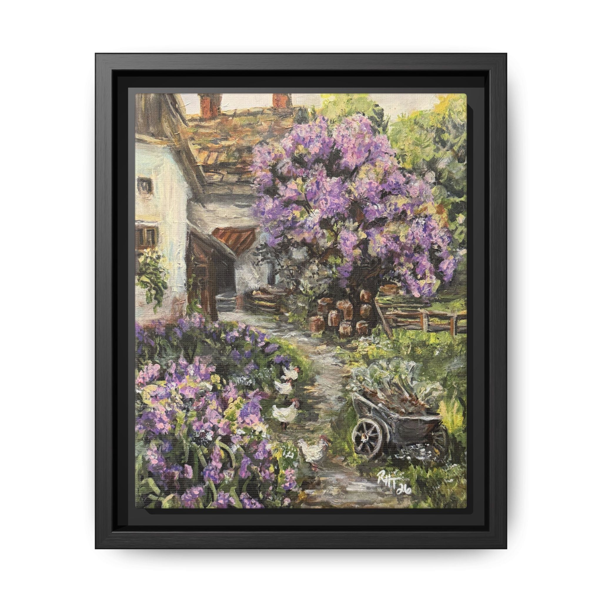 Framed Matte Canvas Print of Original Lavender Cottage— Cottage Garden with Purple Wisteria Wall Art