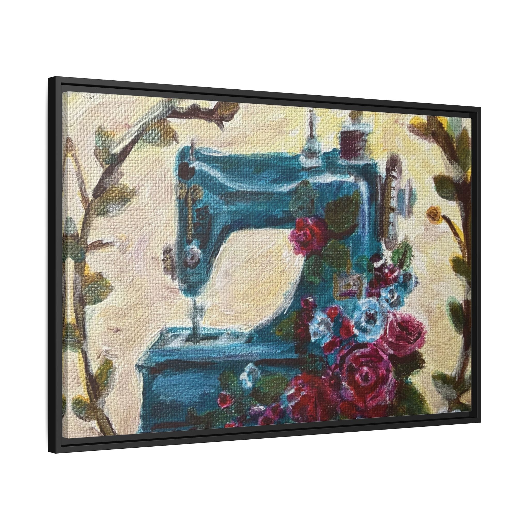Framed Canvas Wall Art — Vintage Sewing Machine with Roses - Framed Print of the Original Grandma's Sewing Machine