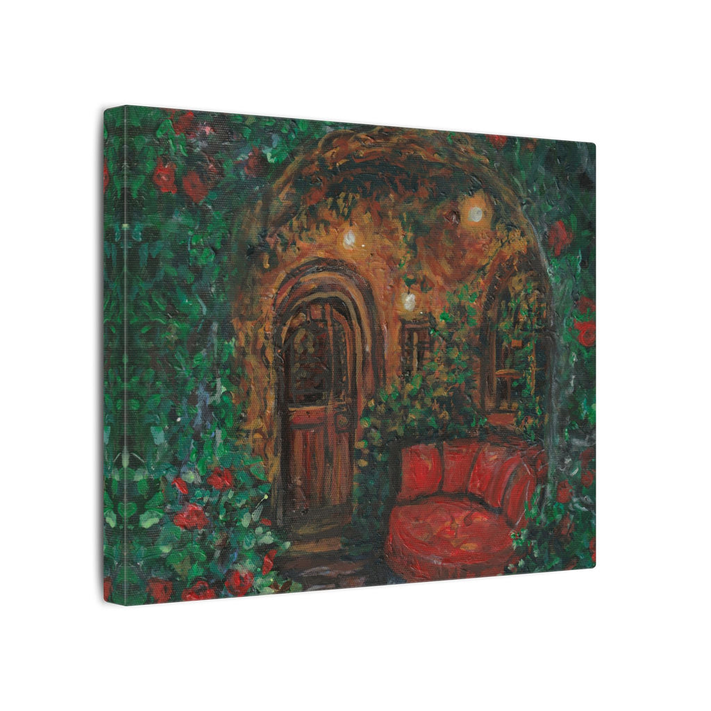 Hidden Entrance Canvas Art - Cozy Red Chair Doorway Painting Print of Original