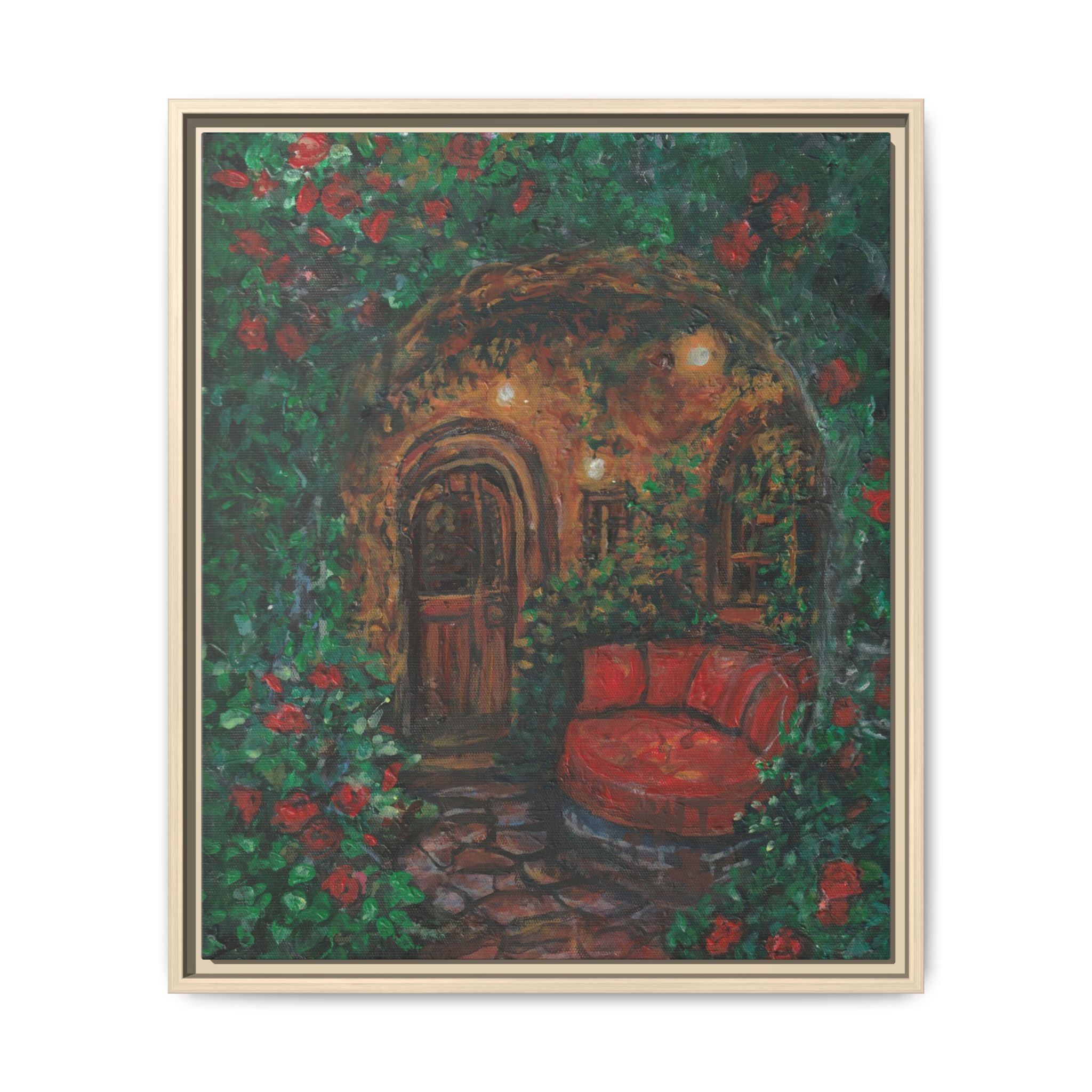 Framed Matte Canvas Art – Cozy Garden Doorway with Red Chair Print of Original Hidden Doorway