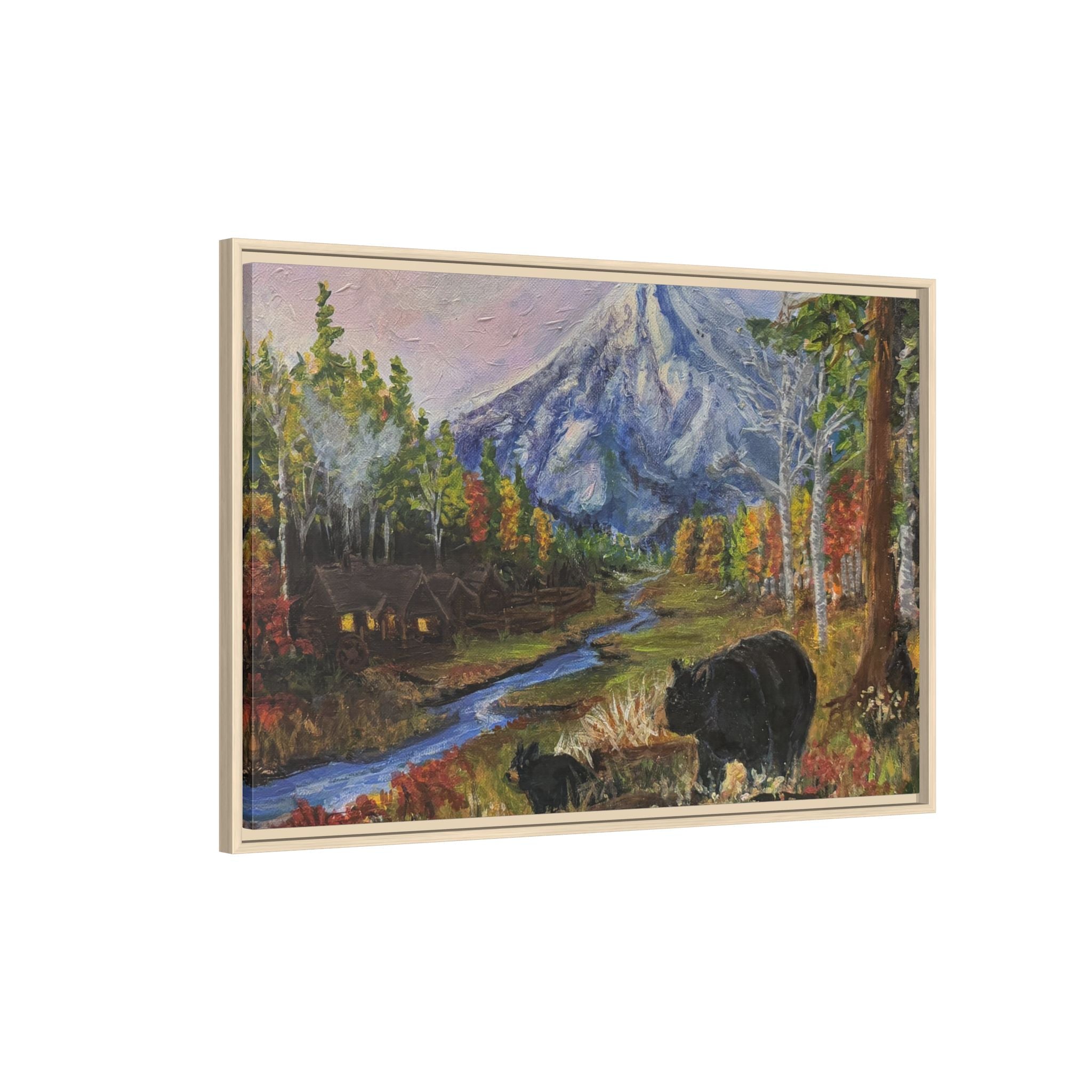 Framed Matte Canvas - Three Bear Stroll  - Mountain Stream with Bears Landscape Wall Art