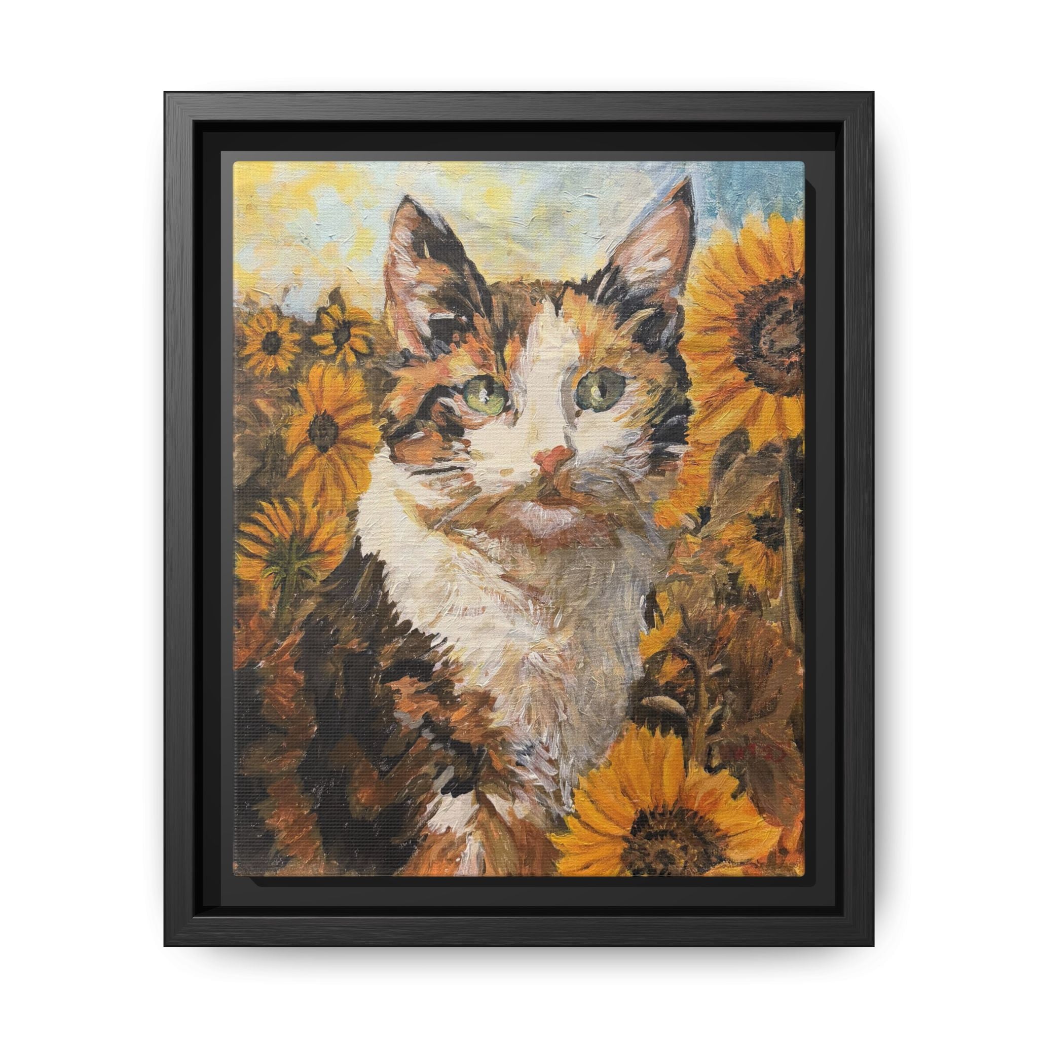Dixie Cat in Sunflowers — Framed Matte Canvas Wall Art - Print of Original