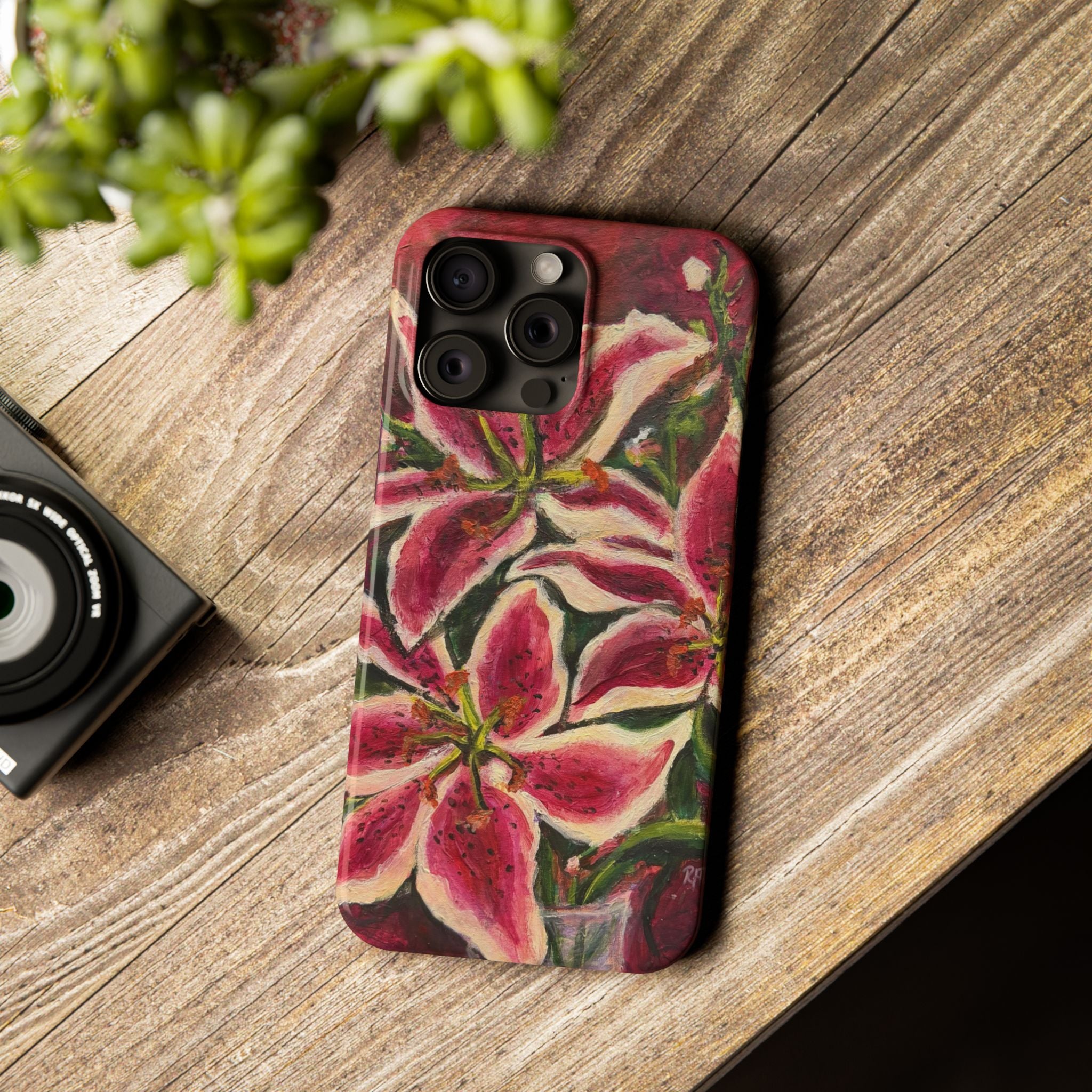 Slim Phone Case — Hand-Painted Pink Lily Floral Design