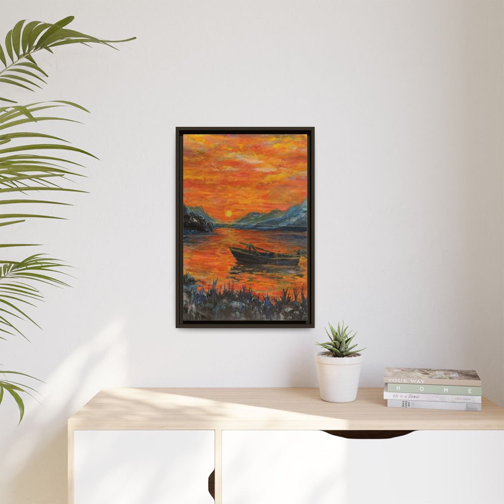 Boat on Sunset Lake Framed Canvas Print of Original — Orange Mountain Lake Wall Art