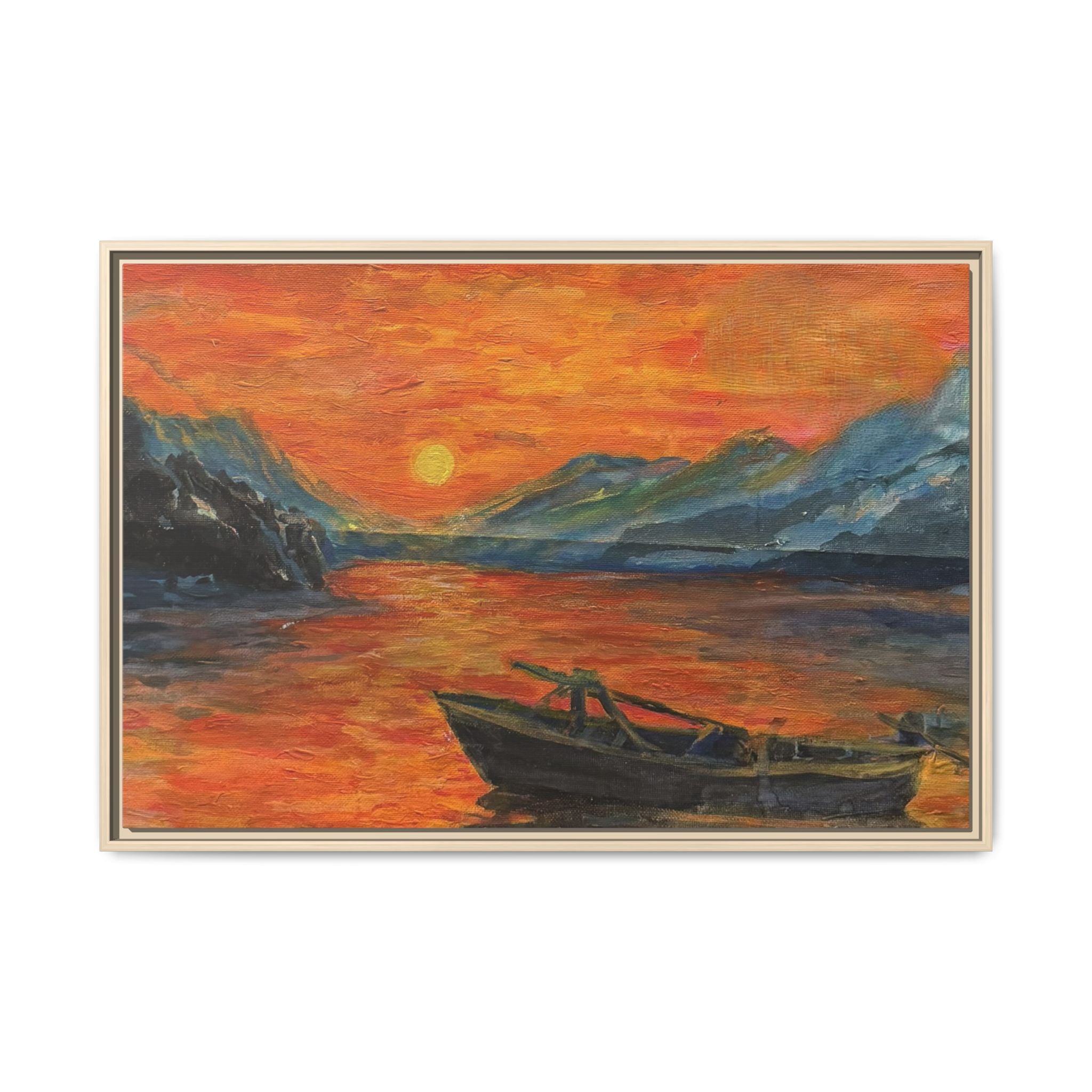 Boat on Sunset Lake Framed Canvas Print of Original — Orange Mountain Lake Wall Art