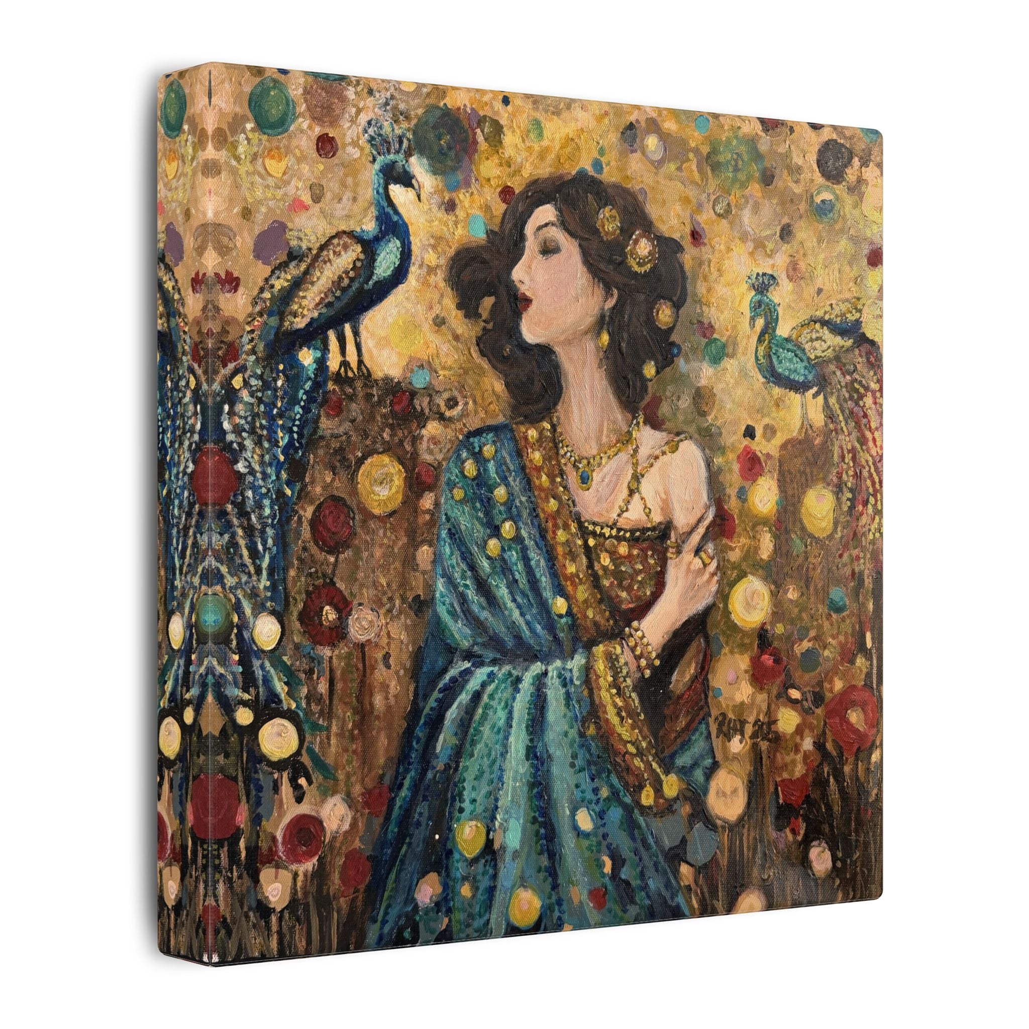 Gilded Peacock Muse Matte Canvas Wall Art  Print of Original— Stretched Decorative Painting