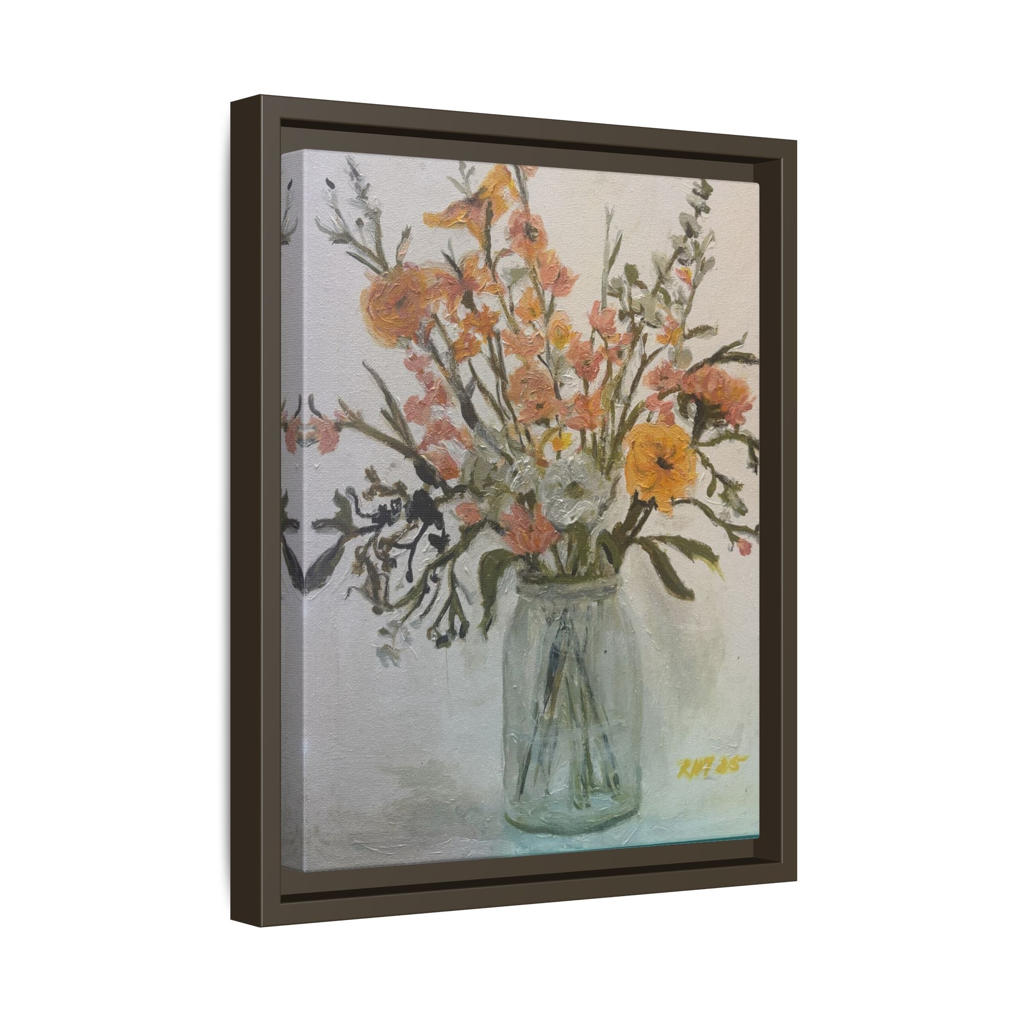 Framed Matte Canvas Art - Flower in Glass Jar Floral Painting Print of Original