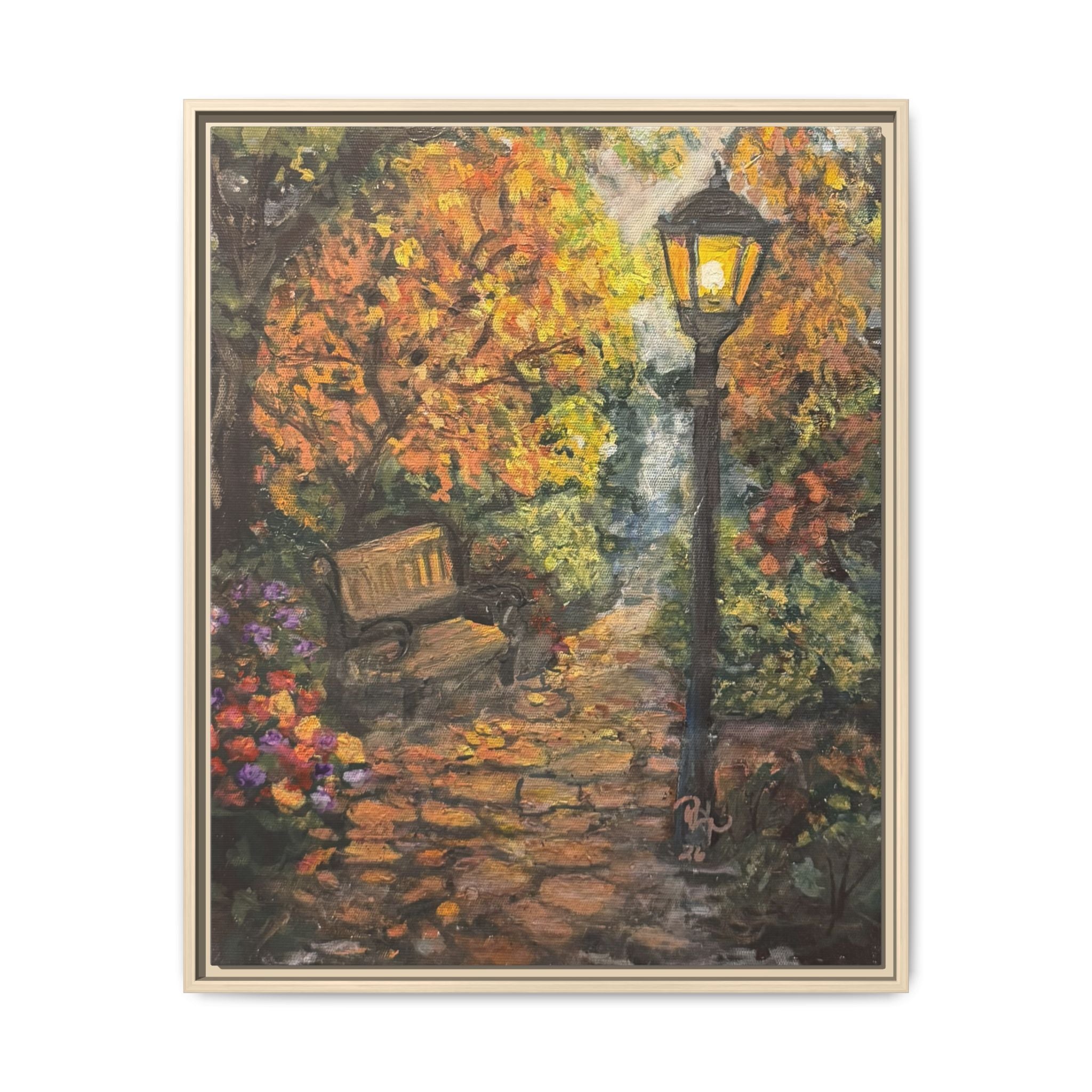 Framed Matte Canvas Art — Autumn Park Bench with Lamp Post (Cozy Fall Wall Decor)