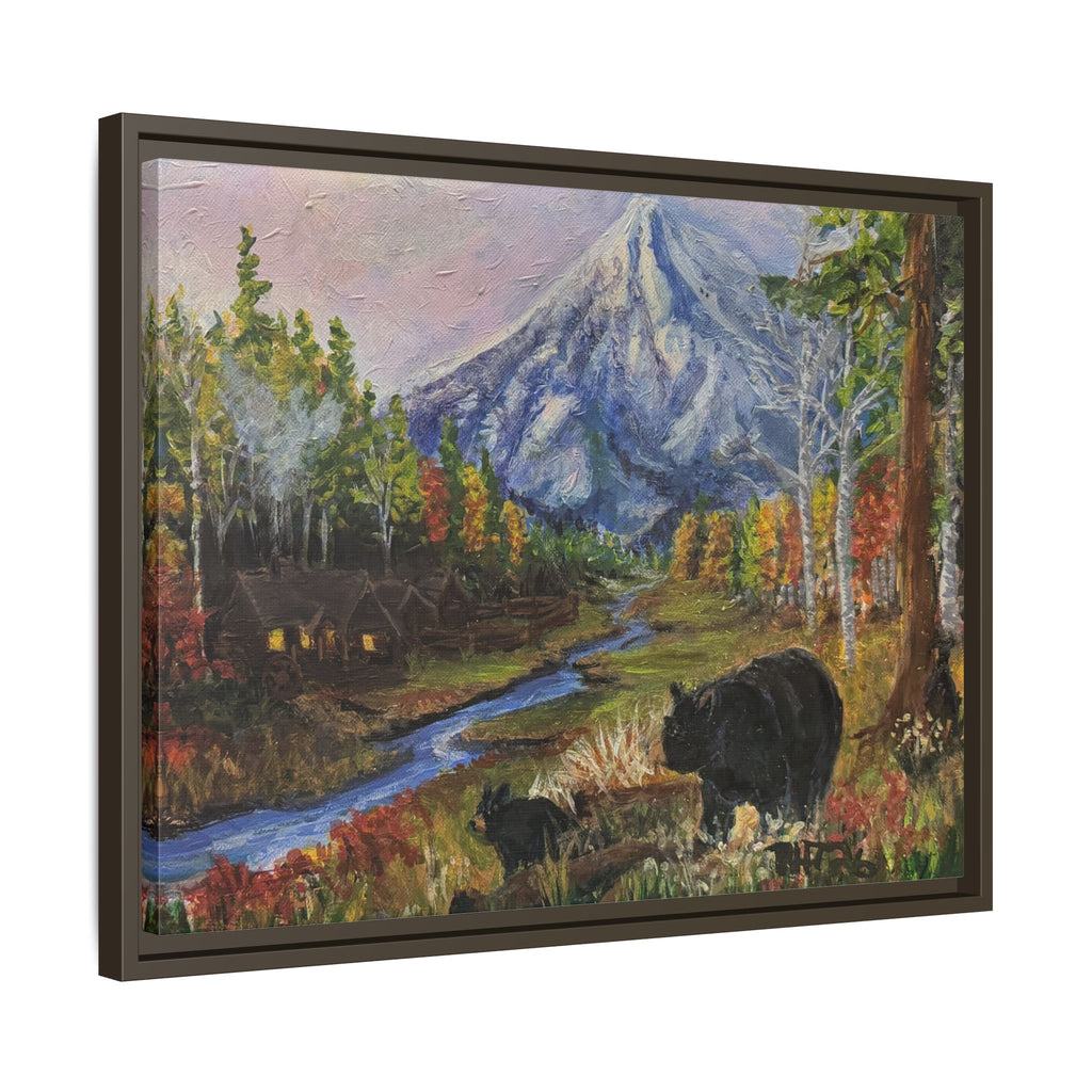 Framed Matte Canvas - Three Bear Stroll  - Mountain Stream with Bears Landscape Wall Art