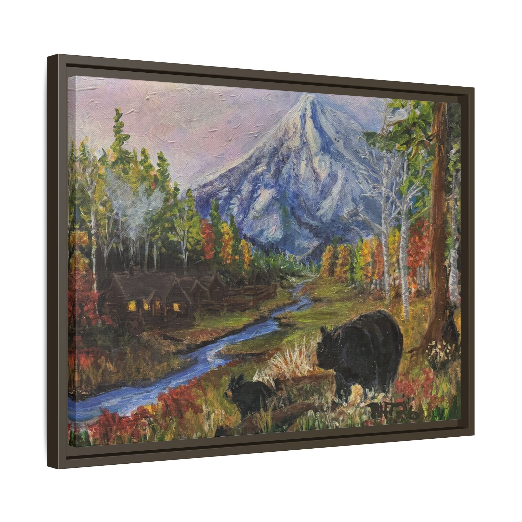 Framed Matte Canvas - Three Bear Stroll  - Mountain Stream with Bears Landscape Wall Art