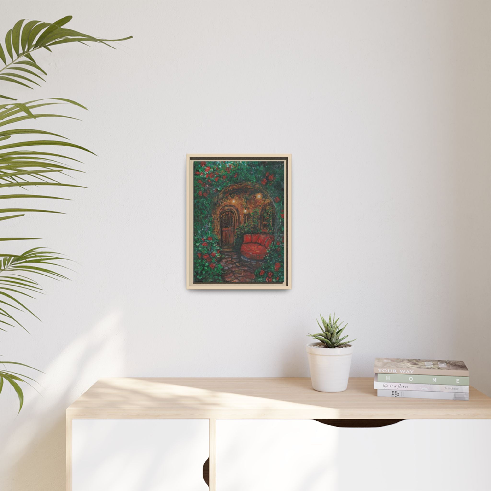 Framed Matte Canvas Art – Cozy Garden Doorway with Red Chair Print of Original Hidden Doorway