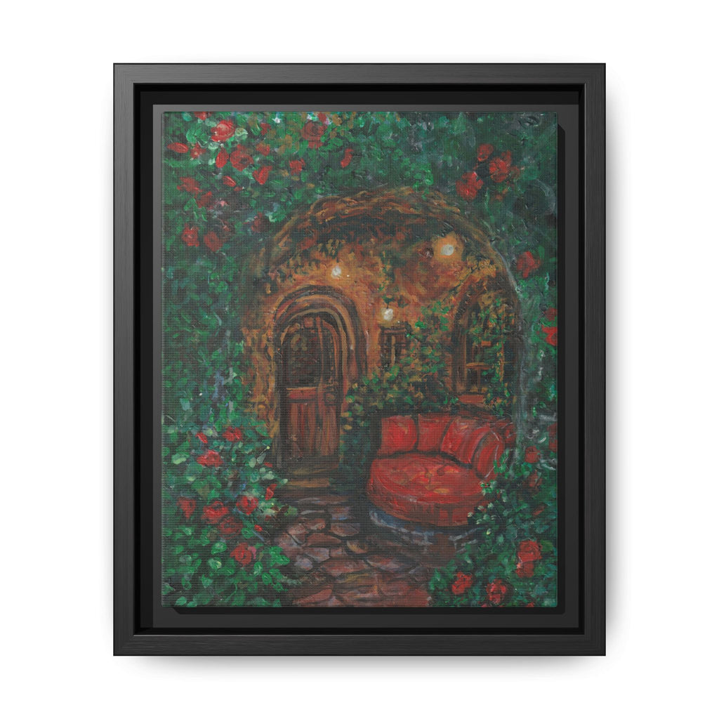 Framed Matte Canvas Art – Cozy Garden Doorway with Red Chair Print of Original Hidden Doorway