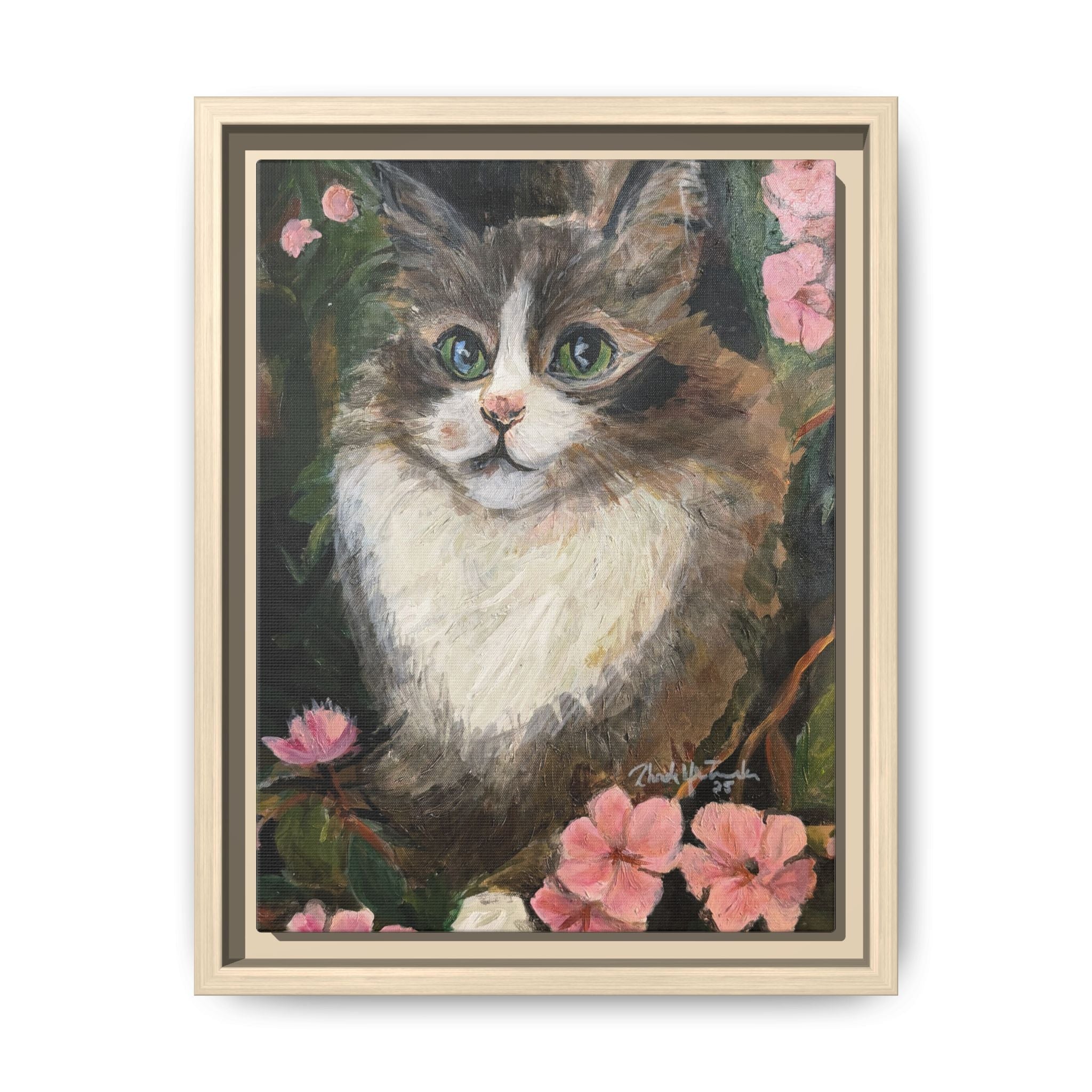 Framed Cat Portrait Canvas of Original Mikey– Floral Kitten Wall Art