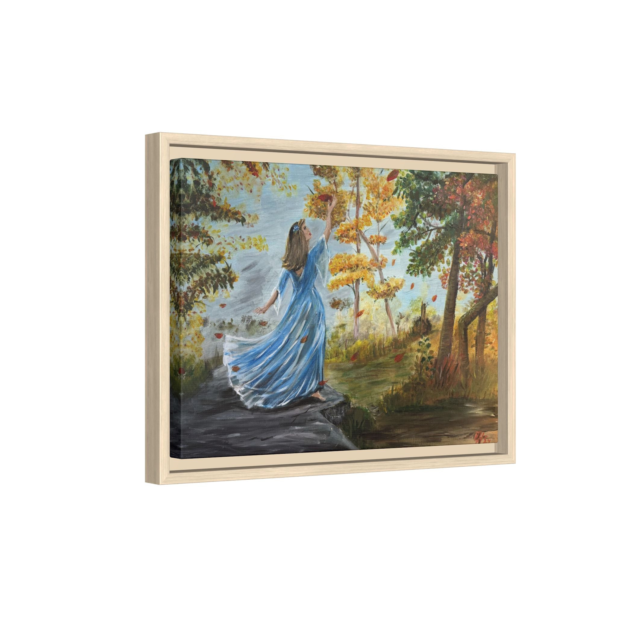 Autumn Breeze Canvas Print — Woman in Blue Dress Framed Wall Art