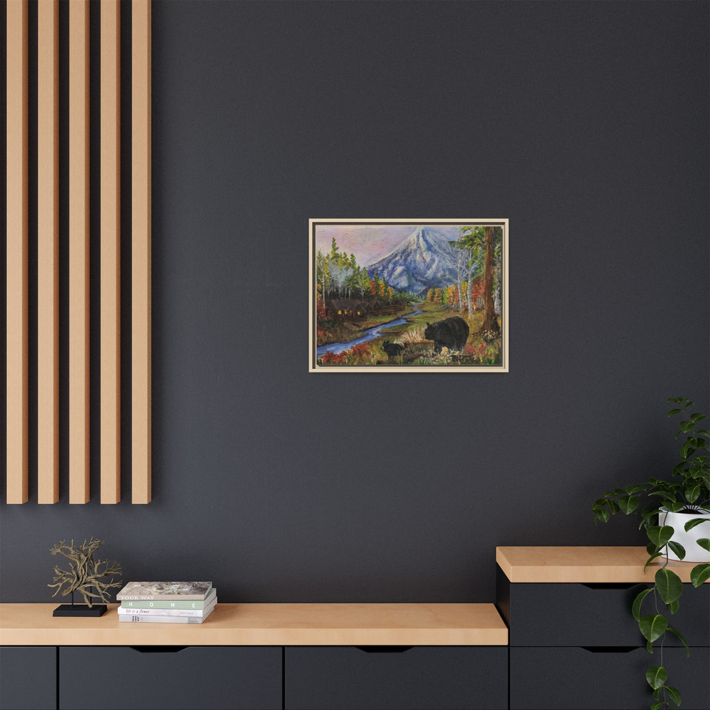 Framed Matte Canvas - Three Bear Stroll  - Mountain Stream with Bears Landscape Wall Art
