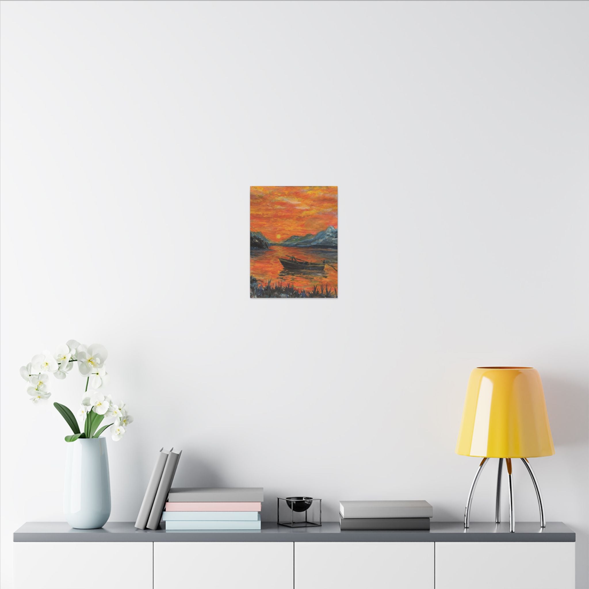 Boat on Sunset Lake Canvas Wall Art Print of Original— Orange Seascape Landscape Print