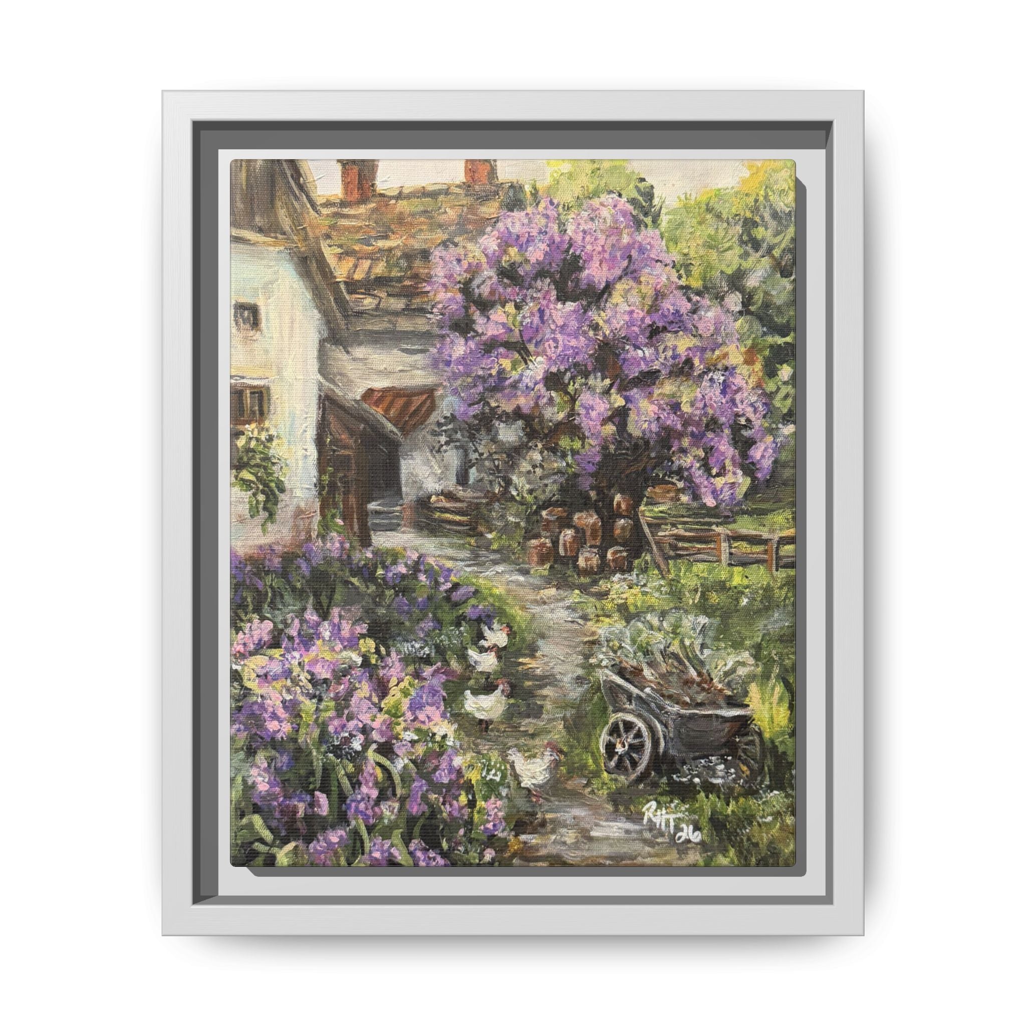 Framed Matte Canvas Print of Original Lavender Cottage— Cottage Garden with Purple Wisteria Wall Art