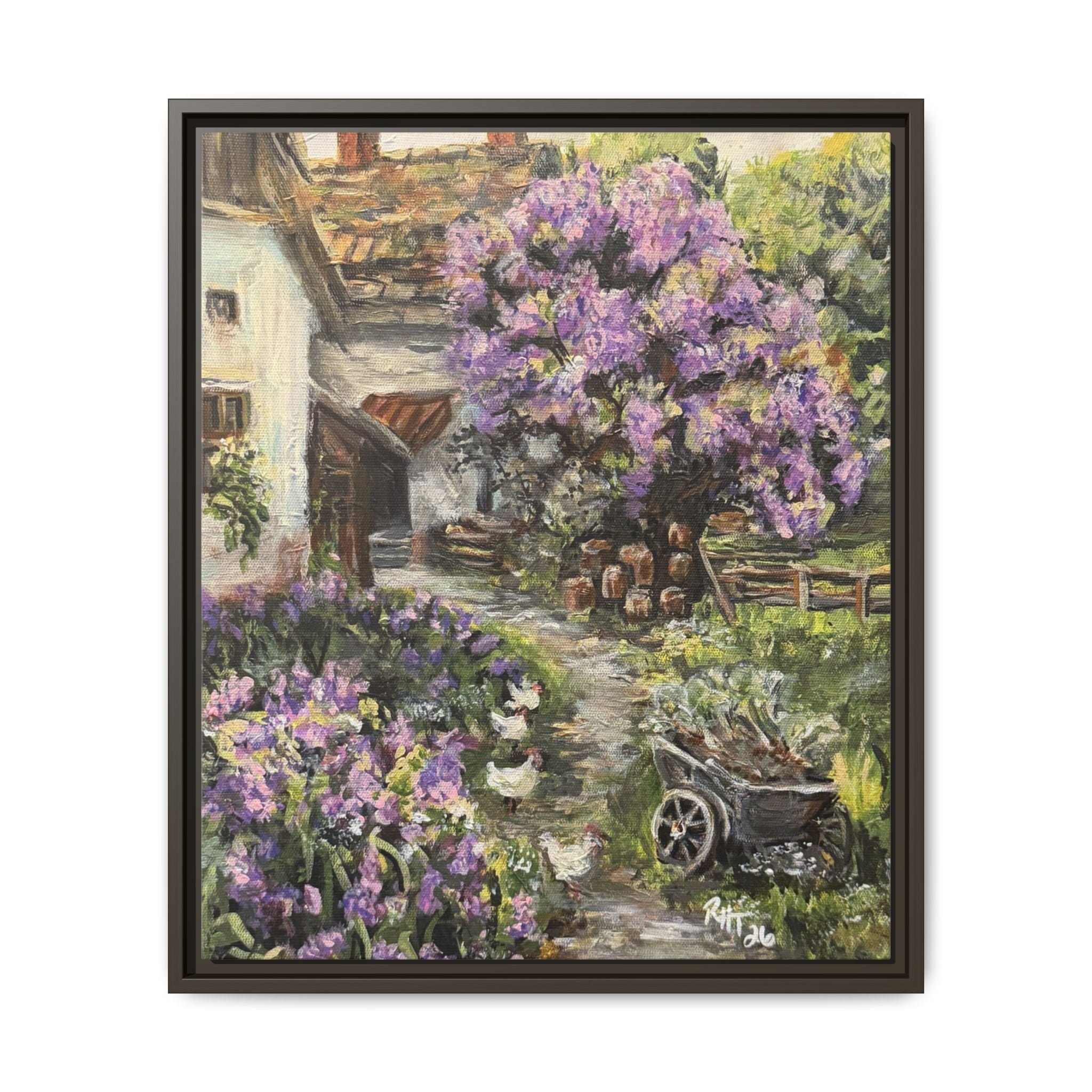 Framed Matte Canvas Print of Original Lavender Cottage— Cottage Garden with Purple Wisteria Wall Art