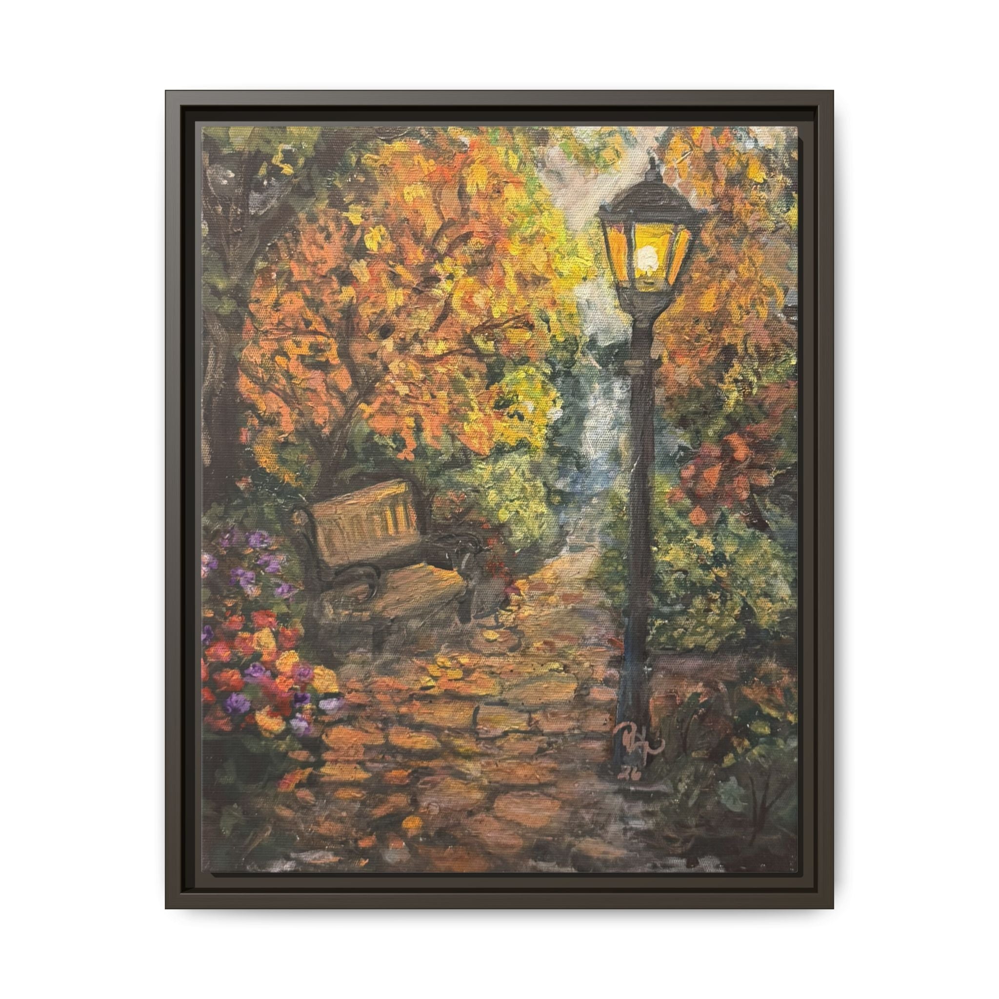 Framed Matte Canvas Art — Autumn Park Bench with Lamp Post (Cozy Fall Wall Decor)