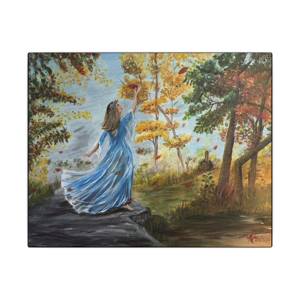 Autumn Breeze Matte Canvas Art Print – Woman in Blue Dress Fall Landscape