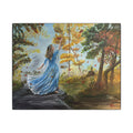 Autumn Breeze Matte Canvas Art Print – Woman in Blue Dress Fall Landscape