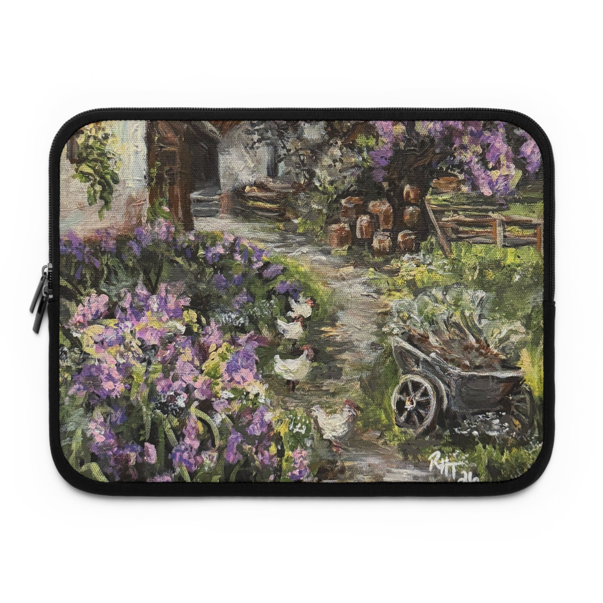 Floral Cottage Garden Laptop Sleeve — Vintage Wheelbarrow Art