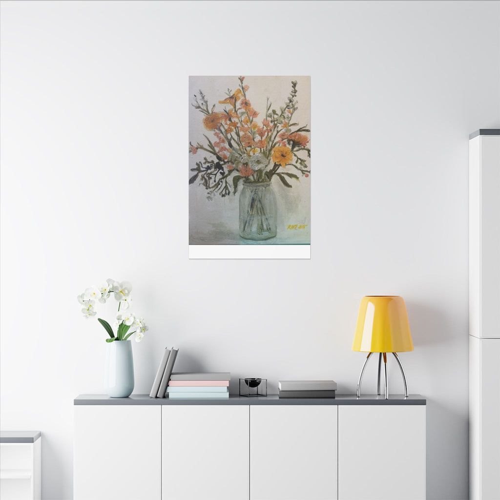 Flowers in Glass Jar Matte Canvas Print of Original— Rustic Cottage Wall Art