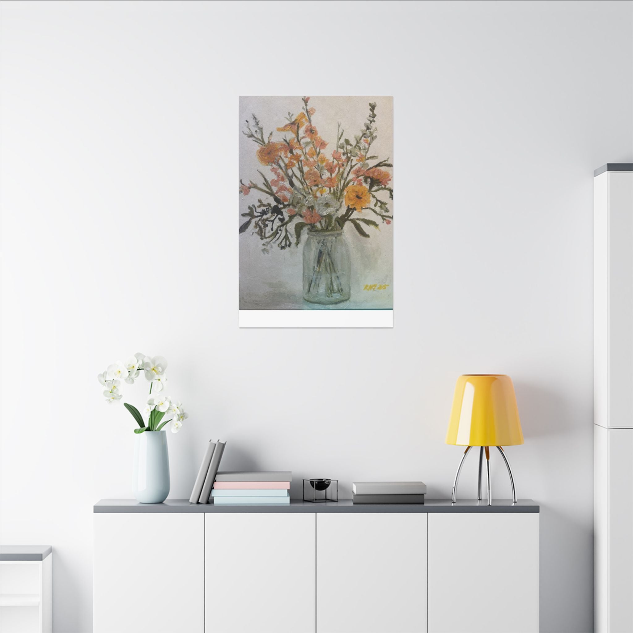 Flowers in Glass Jar Matte Canvas Print of Original— Rustic Cottage Wall Art