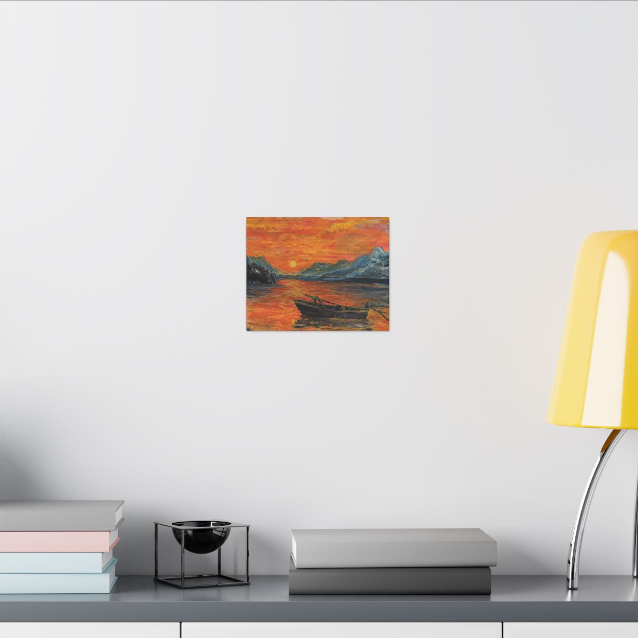 Boat on Sunset Lake Canvas Wall Art Print of Original— Orange Seascape Landscape Print