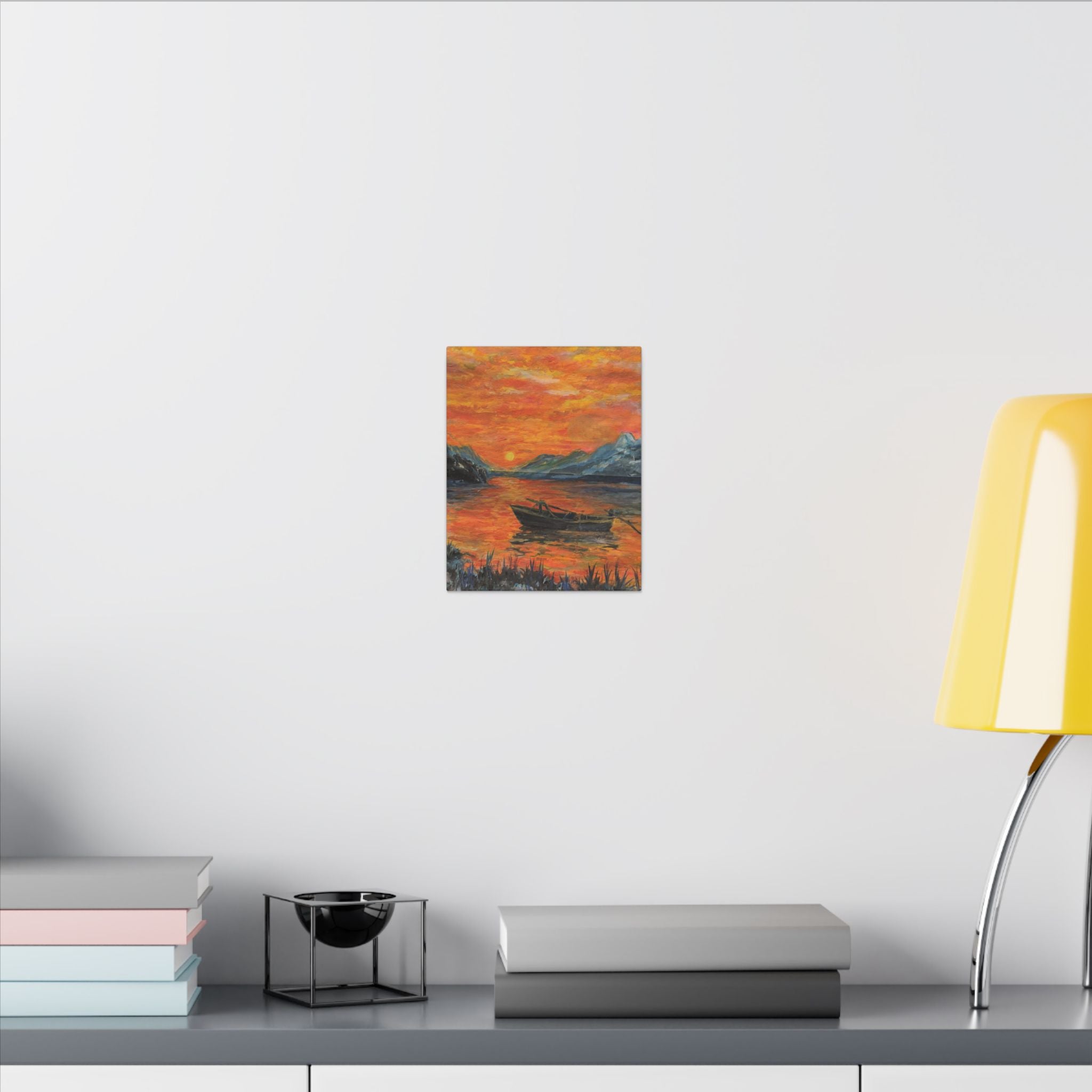 Boat on Sunset Lake Canvas Wall Art Print of Original— Orange Seascape Landscape Print