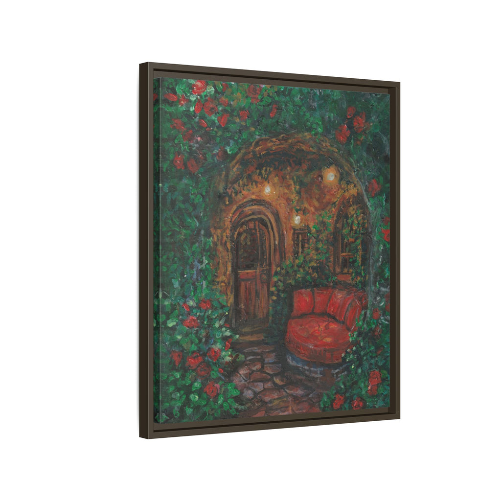 Framed Matte Canvas Art – Cozy Garden Doorway with Red Chair Print of Original Hidden Doorway
