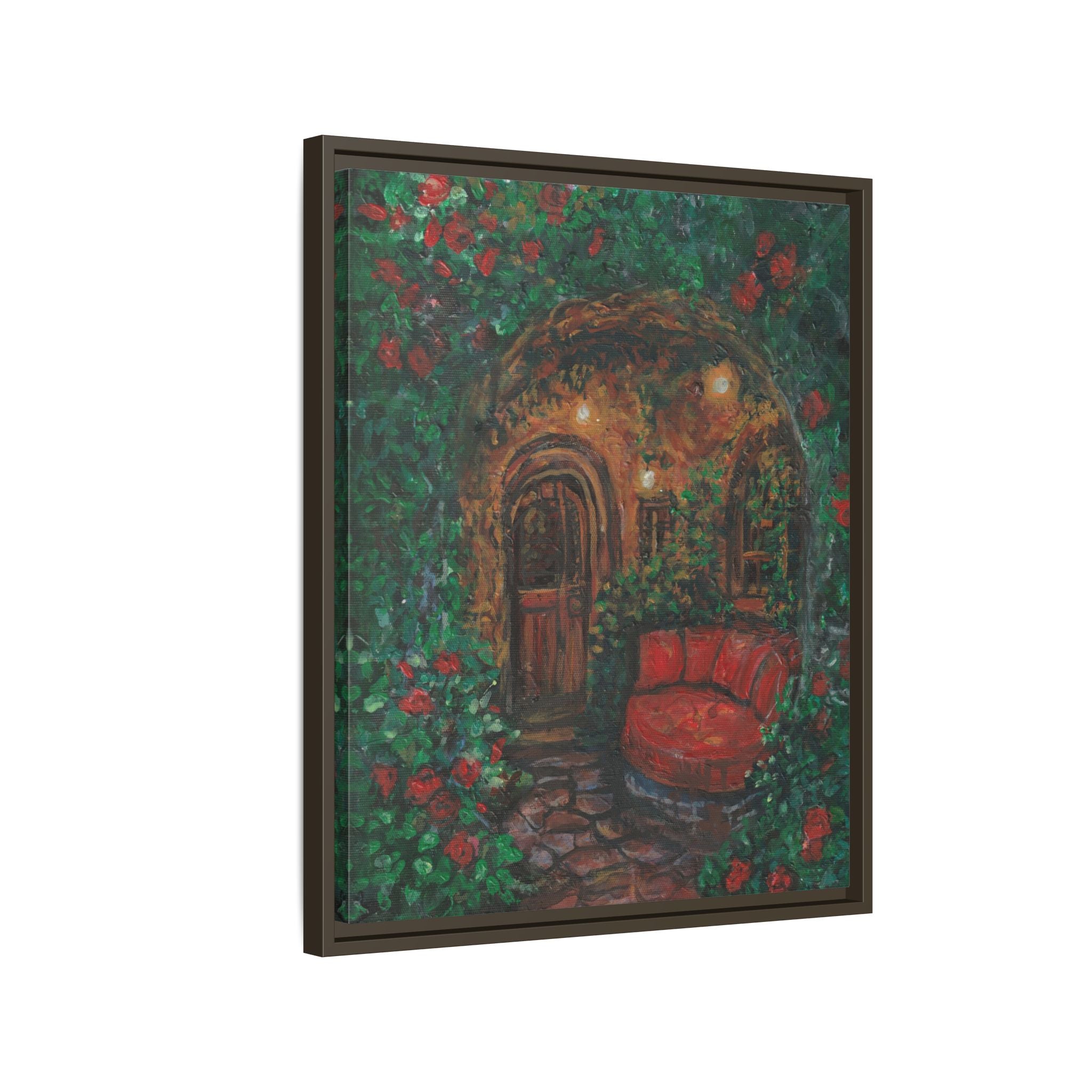 Framed Matte Canvas Art – Cozy Garden Doorway with Red Chair Print of Original Hidden Doorway