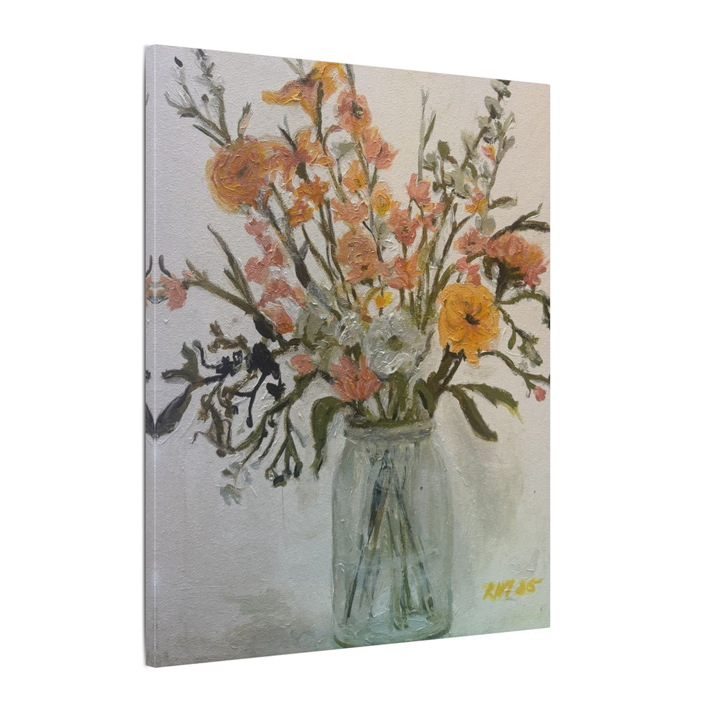 Flowers in Glass Jar Matte Canvas Print of Original— Rustic Cottage Wall Art