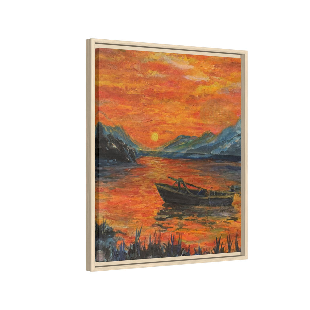 Boat on Sunset Lake Framed Canvas Print of Original — Orange Mountain Lake Wall Art