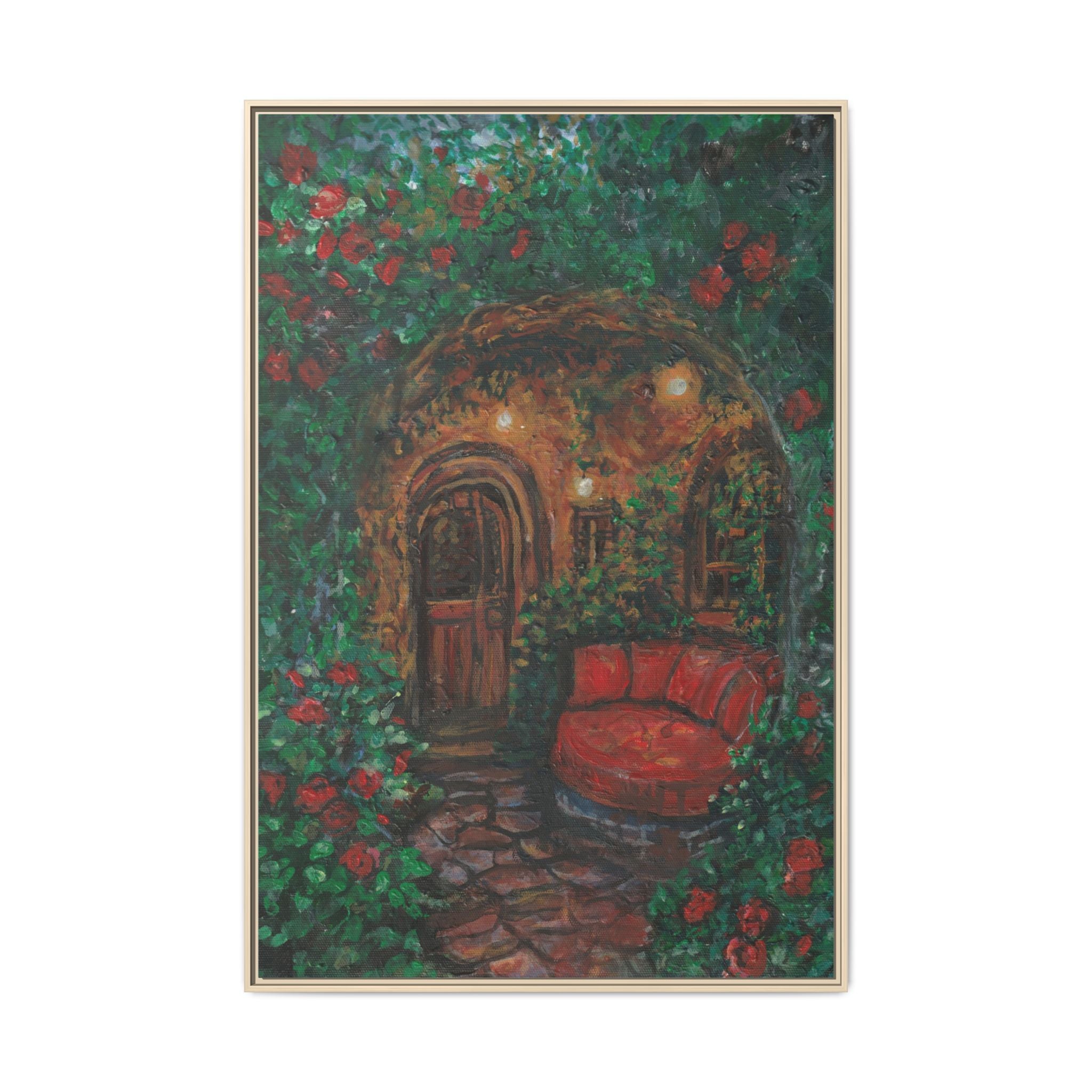 Framed Matte Canvas Art – Cozy Garden Doorway with Red Chair Print of Original Hidden Doorway