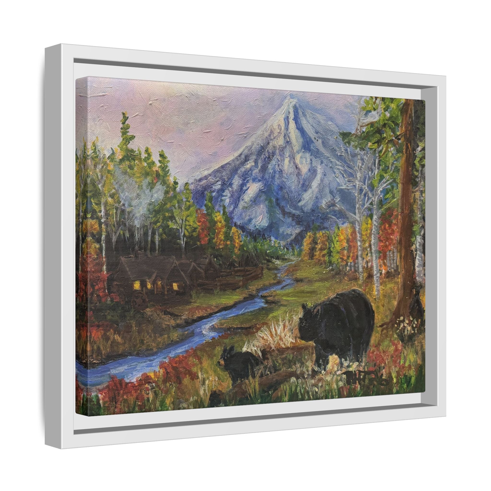 Framed Matte Canvas - Three Bear Stroll  - Mountain Stream with Bears Landscape Wall Art