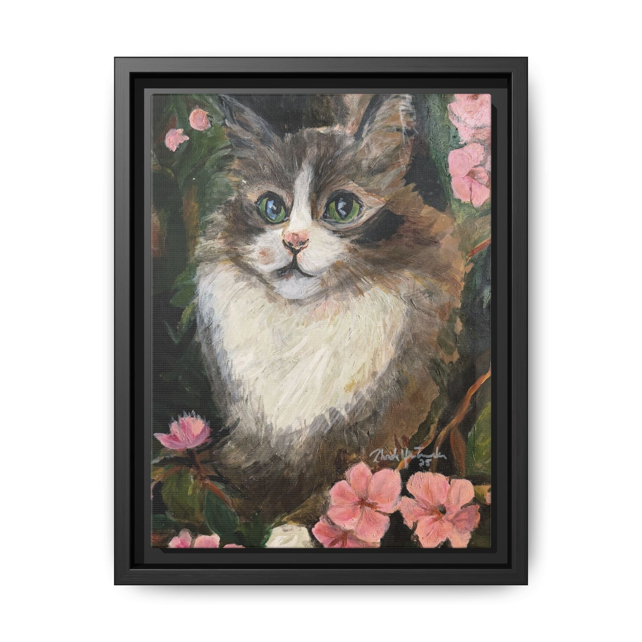 Framed Cat Portrait Canvas of Original Mikey– Floral Kitten Wall Art