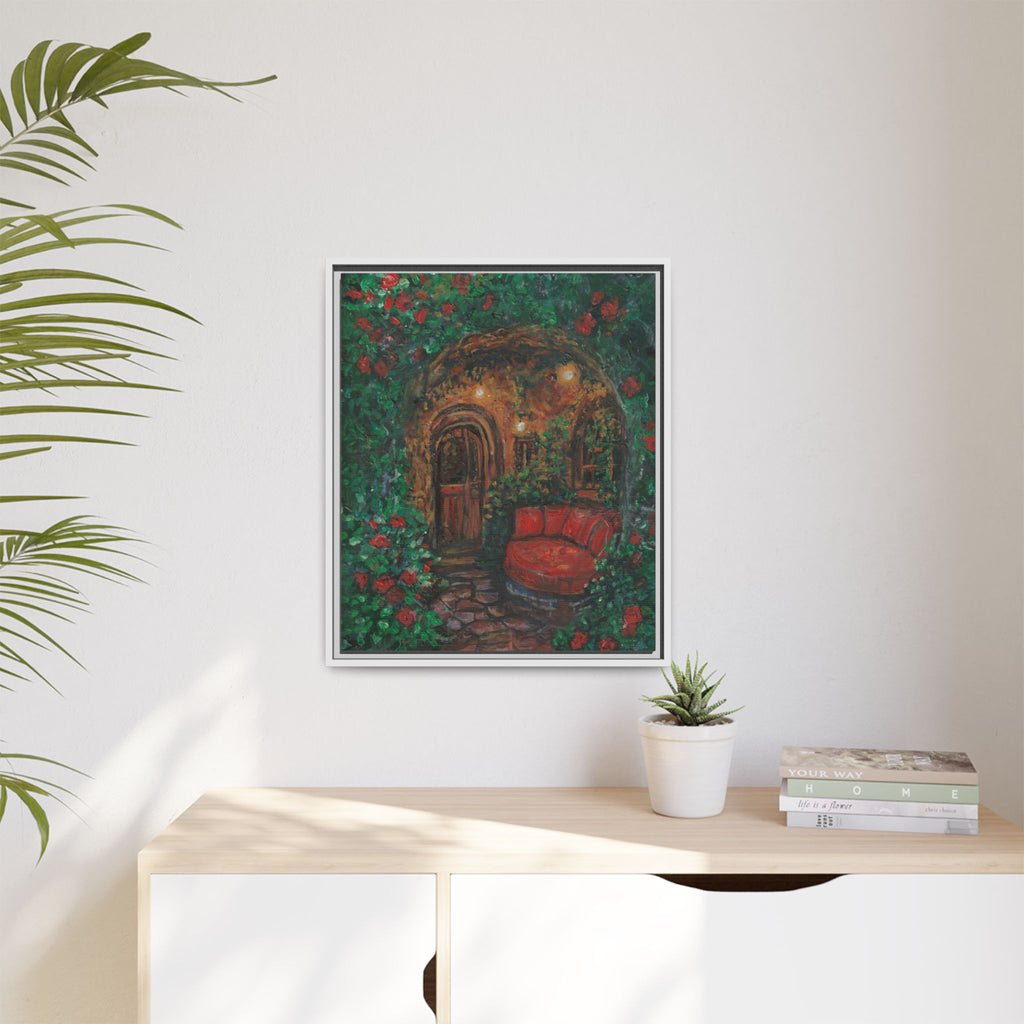 Framed Matte Canvas Art – Cozy Garden Doorway with Red Chair Print of Original Hidden Doorway