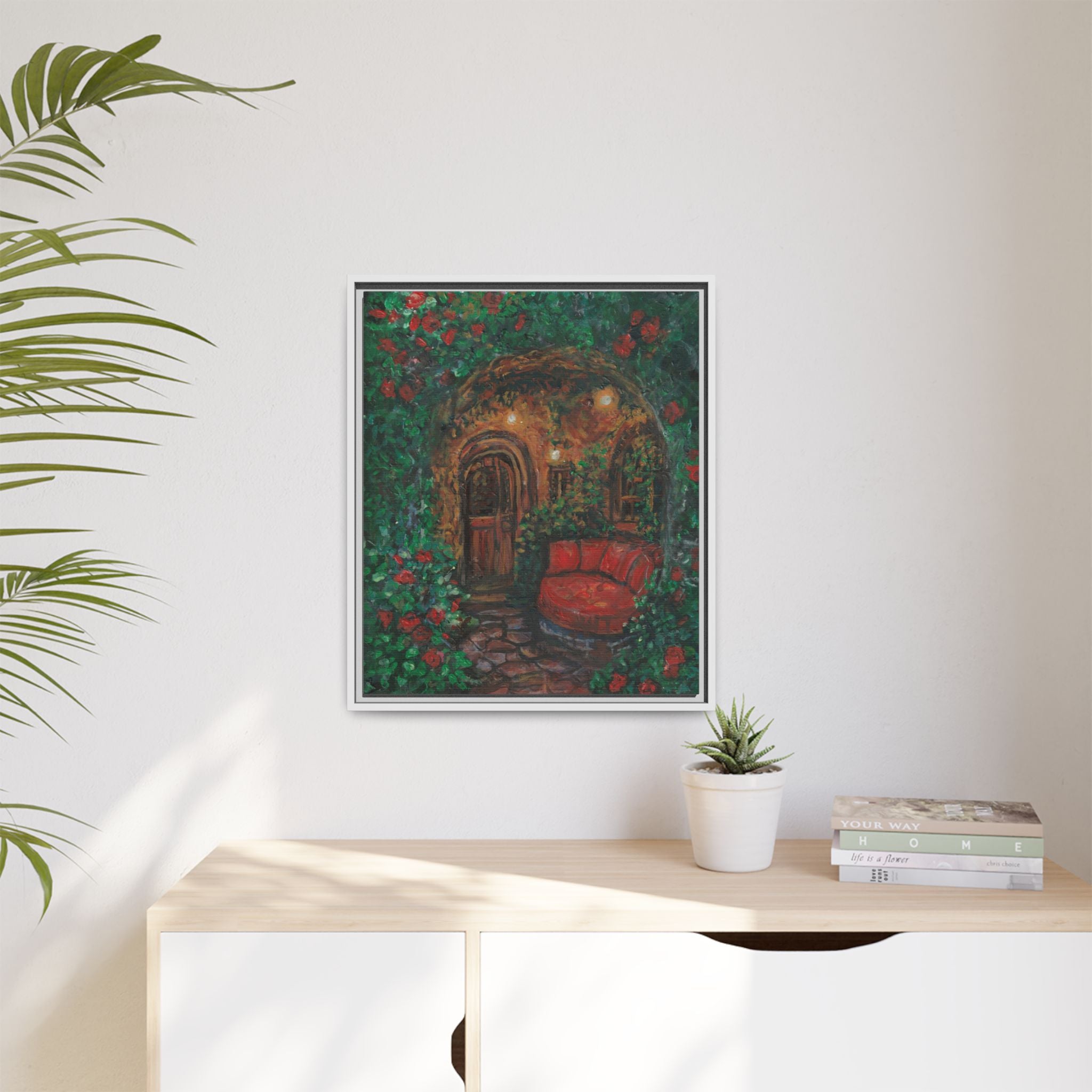 Framed Matte Canvas Art – Cozy Garden Doorway with Red Chair Print of Original Hidden Doorway