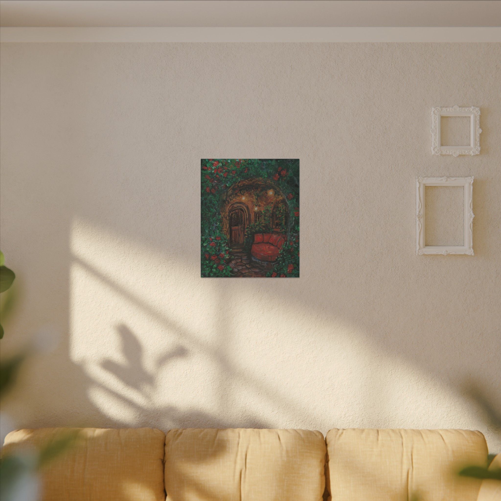 Hidden Entrance Canvas Art - Cozy Red Chair Doorway Painting Print of Original