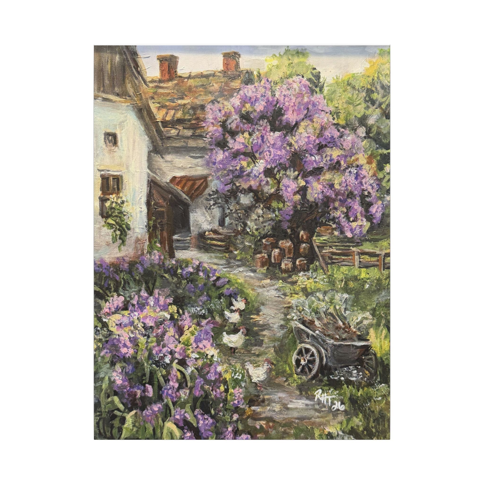 Lavender Cottage Canvas Print — Rustic Spring Garden Wall Art (Matte Stretched)