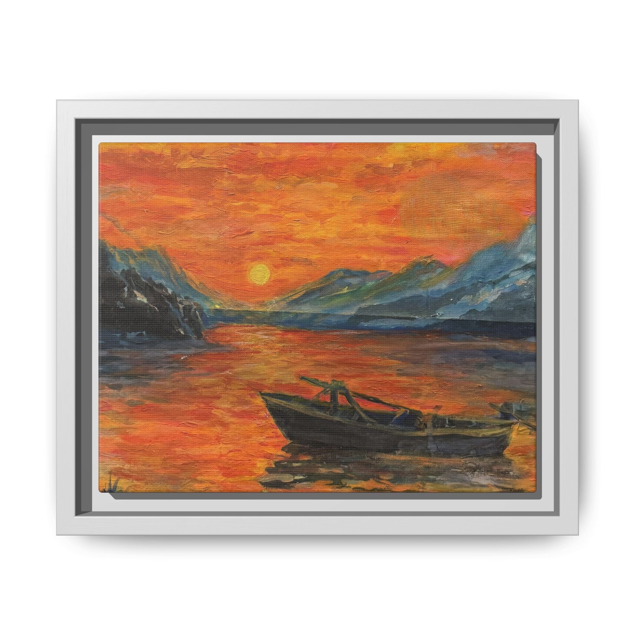 Boat on Sunset Lake Framed Canvas Print of Original — Orange Mountain Lake Wall Art