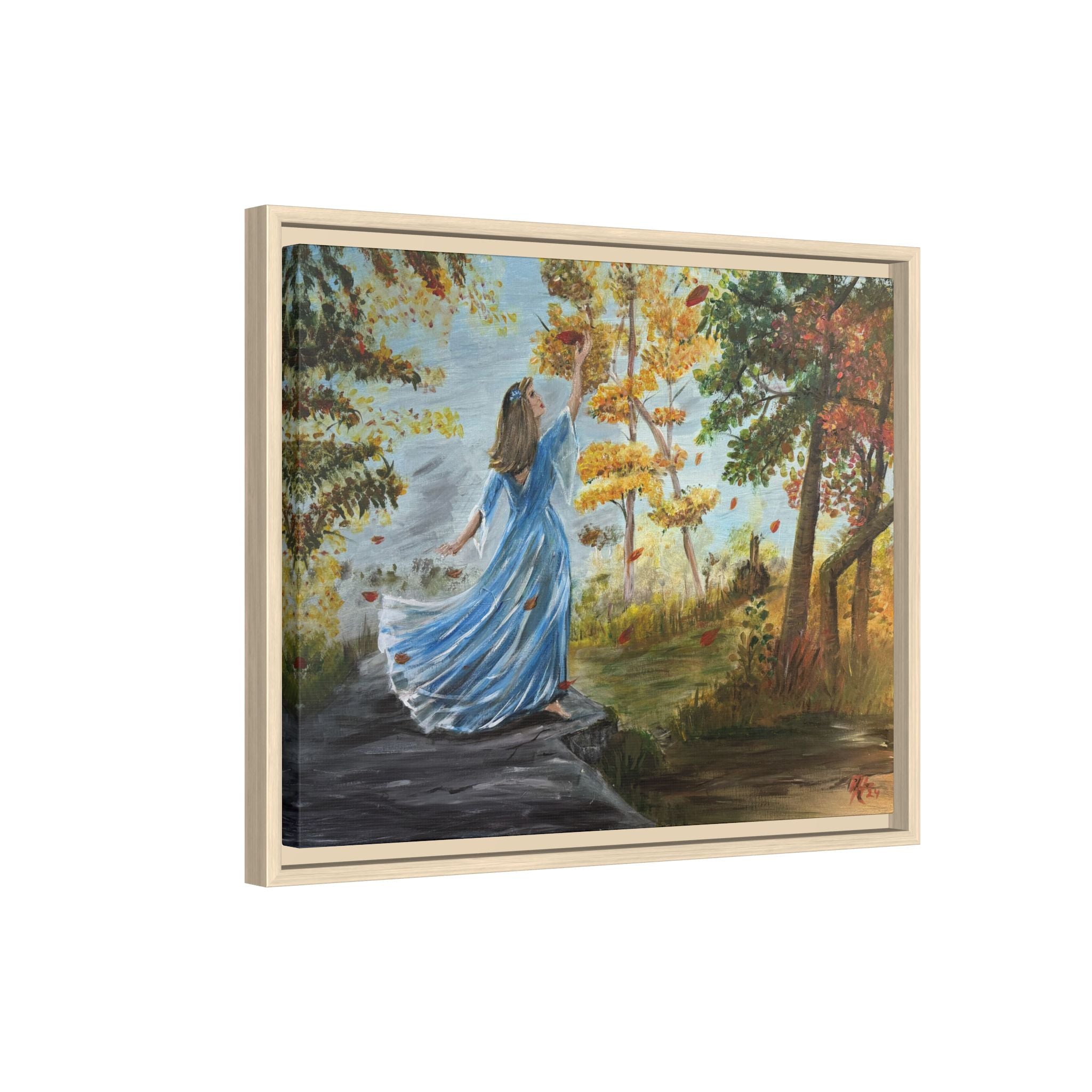 Autumn Breeze Canvas Print — Woman in Blue Dress Framed Wall Art