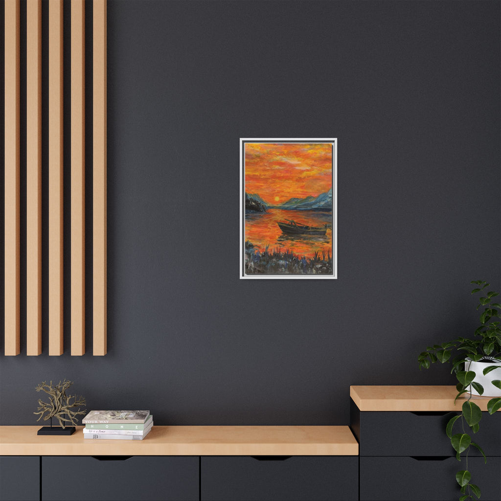 Boat on Sunset Lake Framed Canvas Print of Original — Orange Mountain Lake Wall Art