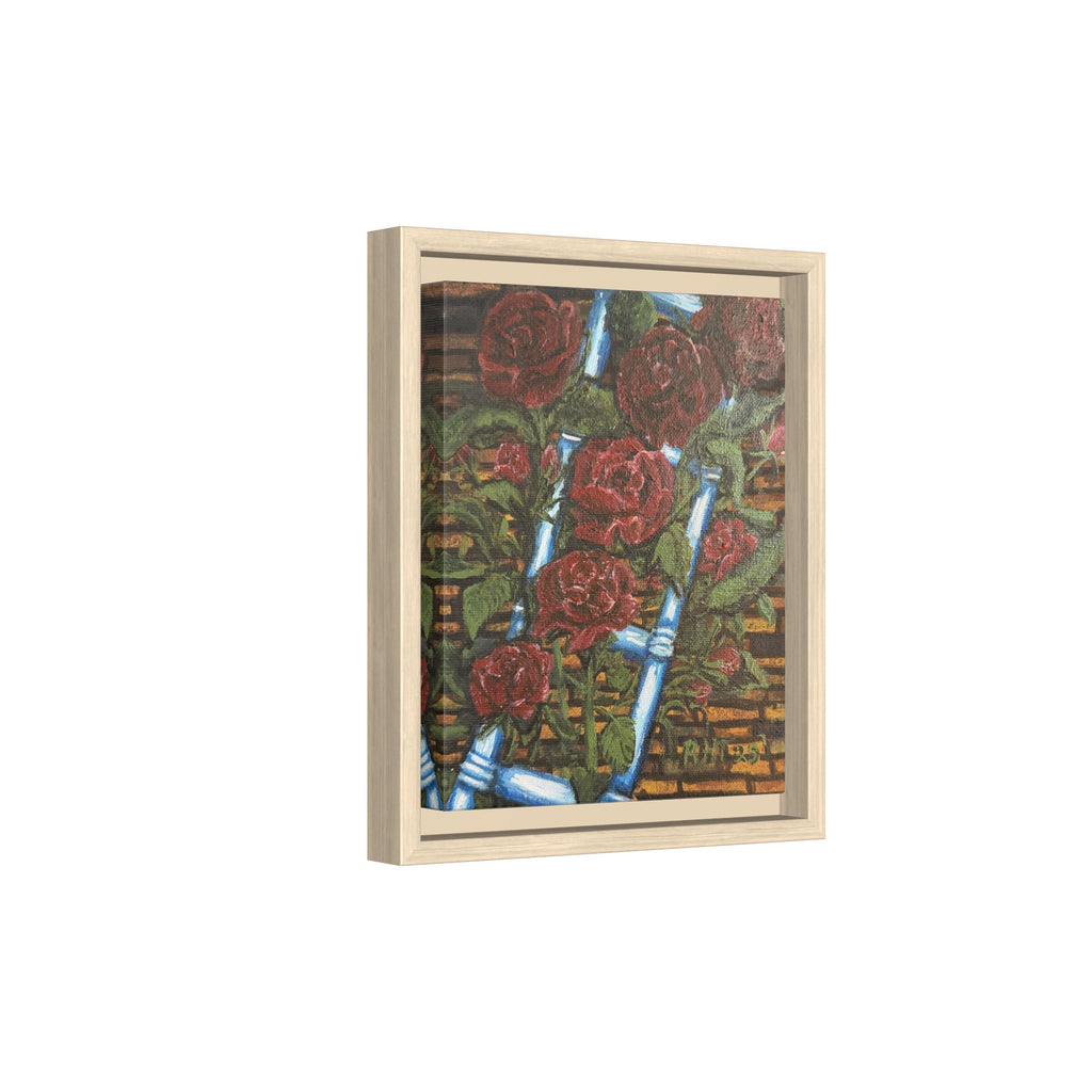 Framed Matte Canvas Art Print of Original Climbing Roses — Red Roses & Blue Ladder Floral Painting