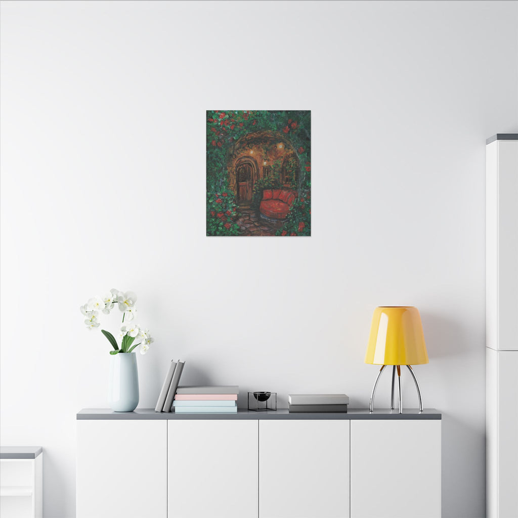 Hidden Entrance Canvas Art - Cozy Red Chair Doorway Painting Print of Original