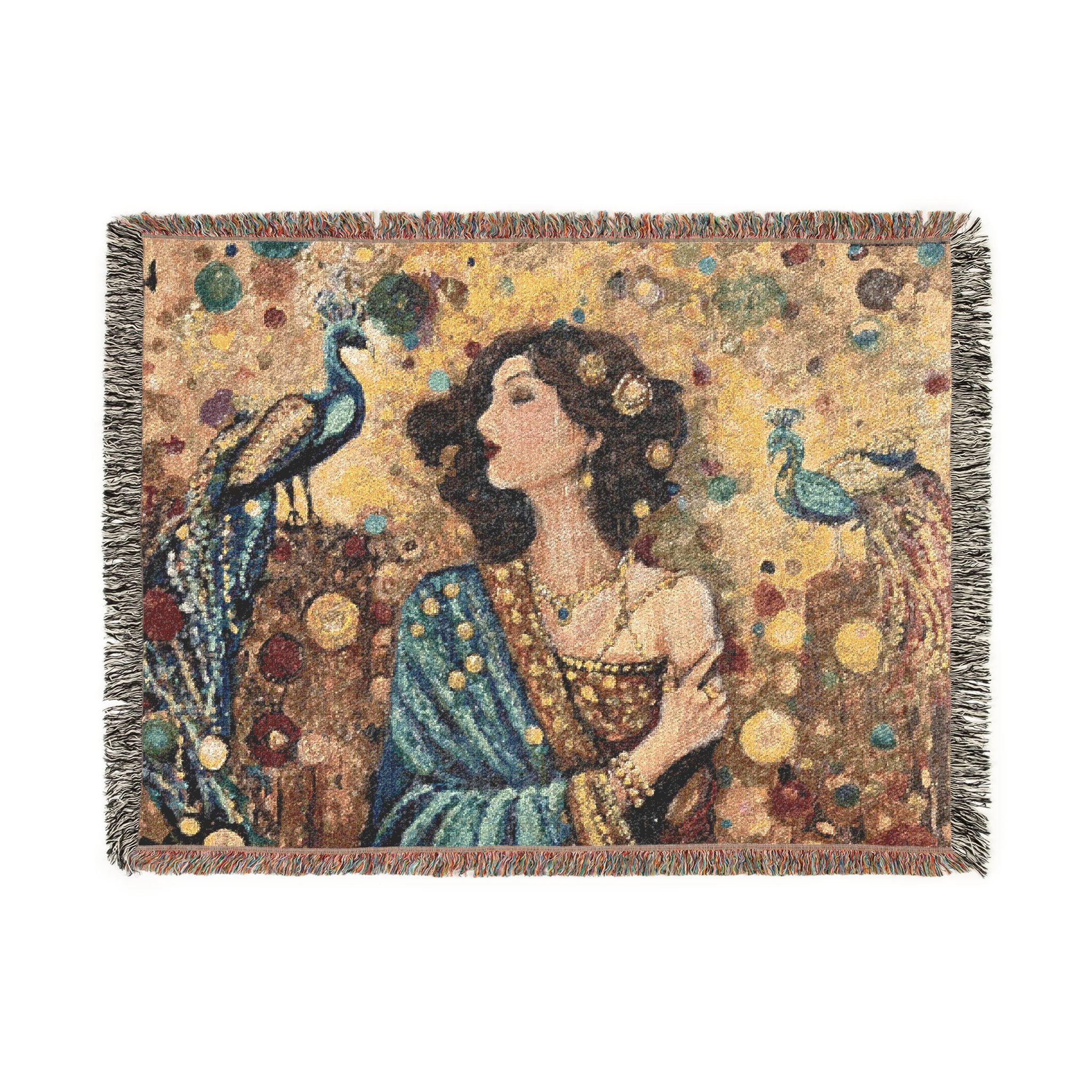 Gustav Klimt-Inspired Tapestry Throw Blanket — Art Nouveau Woman & Peacock Woven Blanket