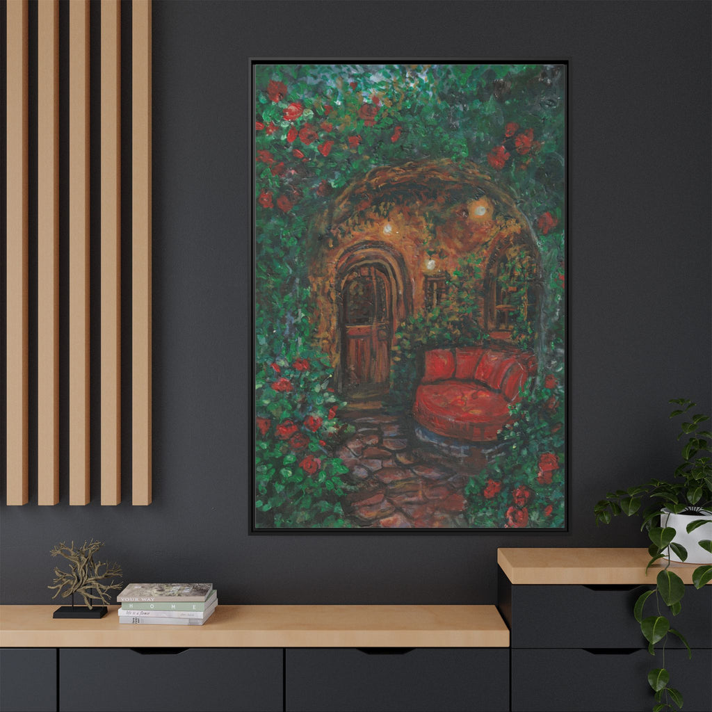 Framed Matte Canvas Art – Cozy Garden Doorway with Red Chair Print of Original Hidden Doorway