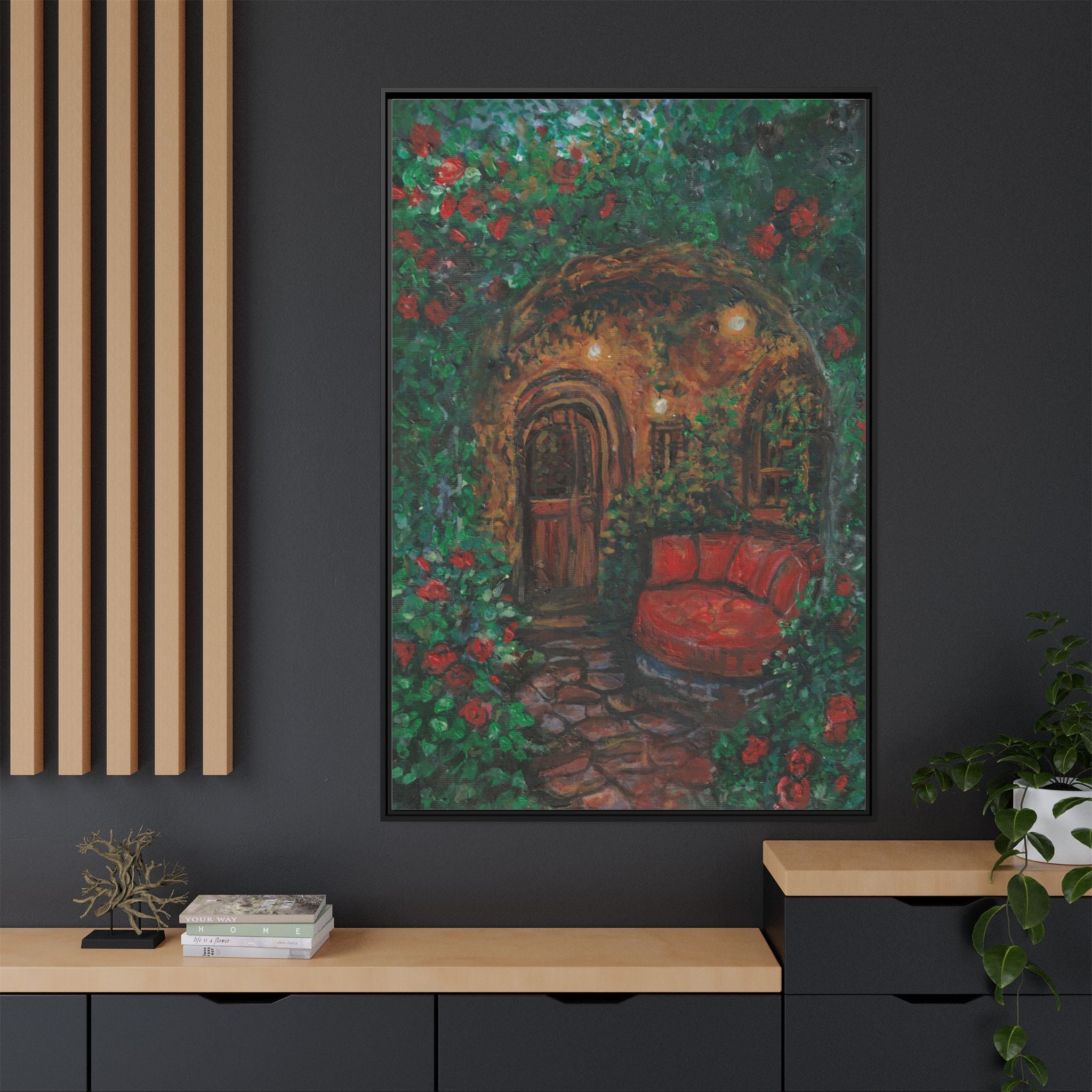 Framed Matte Canvas Art – Cozy Garden Doorway with Red Chair Print of Original Hidden Doorway