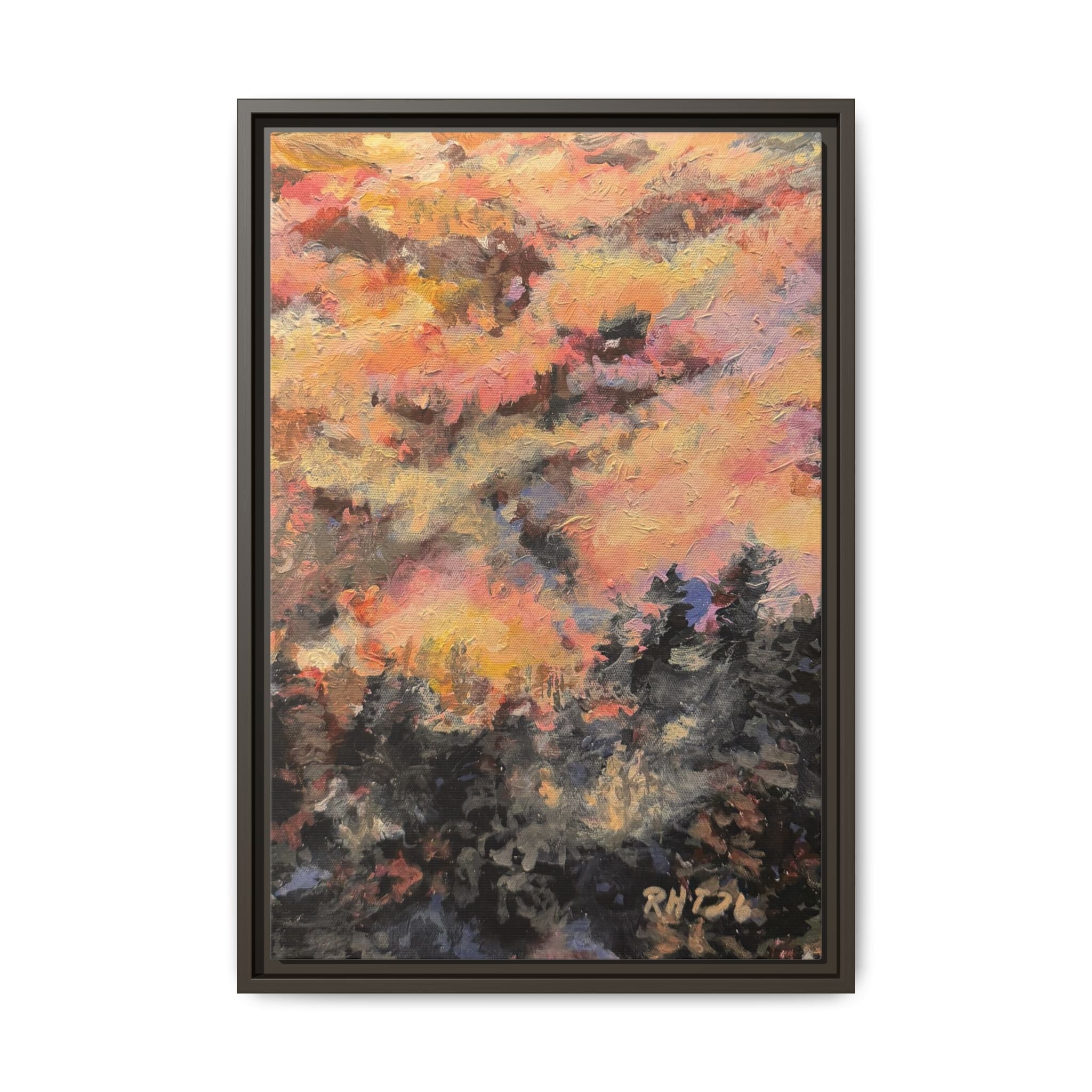 Framed Matte Canvas Art of Original Mistbow Mountain - Moody Sunset Forest Abstract